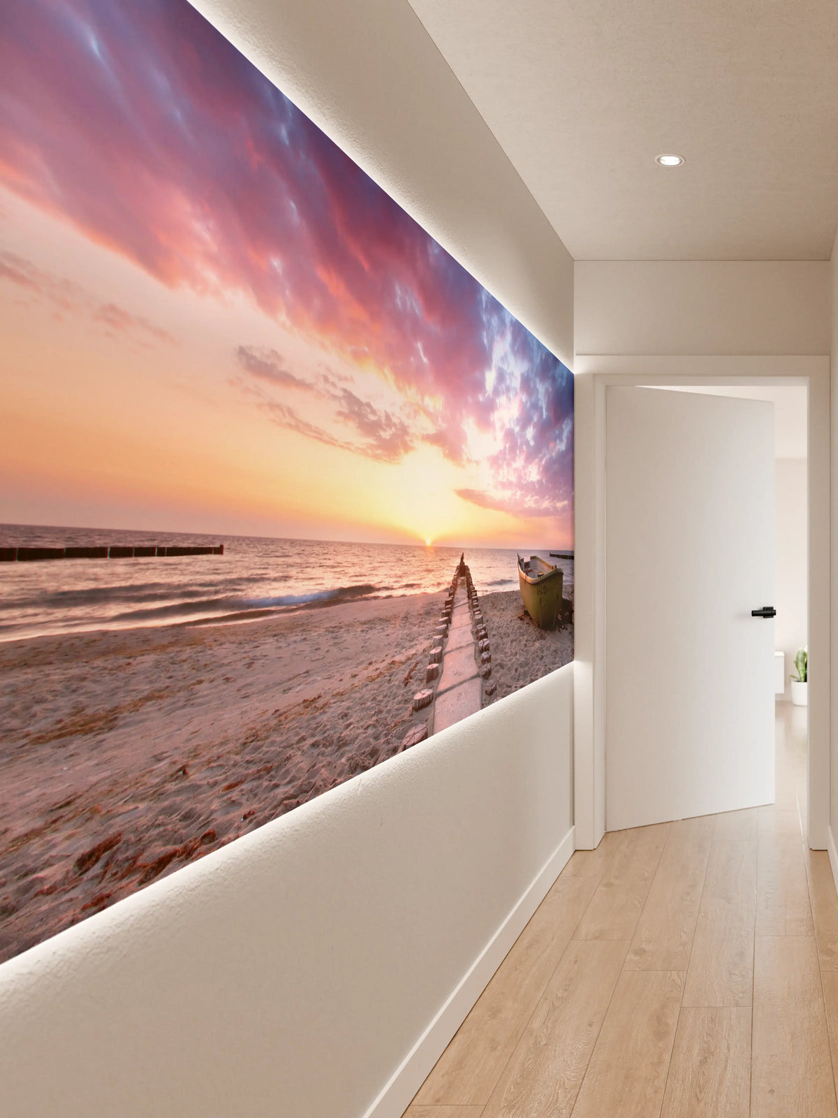 Wandverkleidung Flur - Himmelsspiegelung am Strand bei Sonnenuntergang
