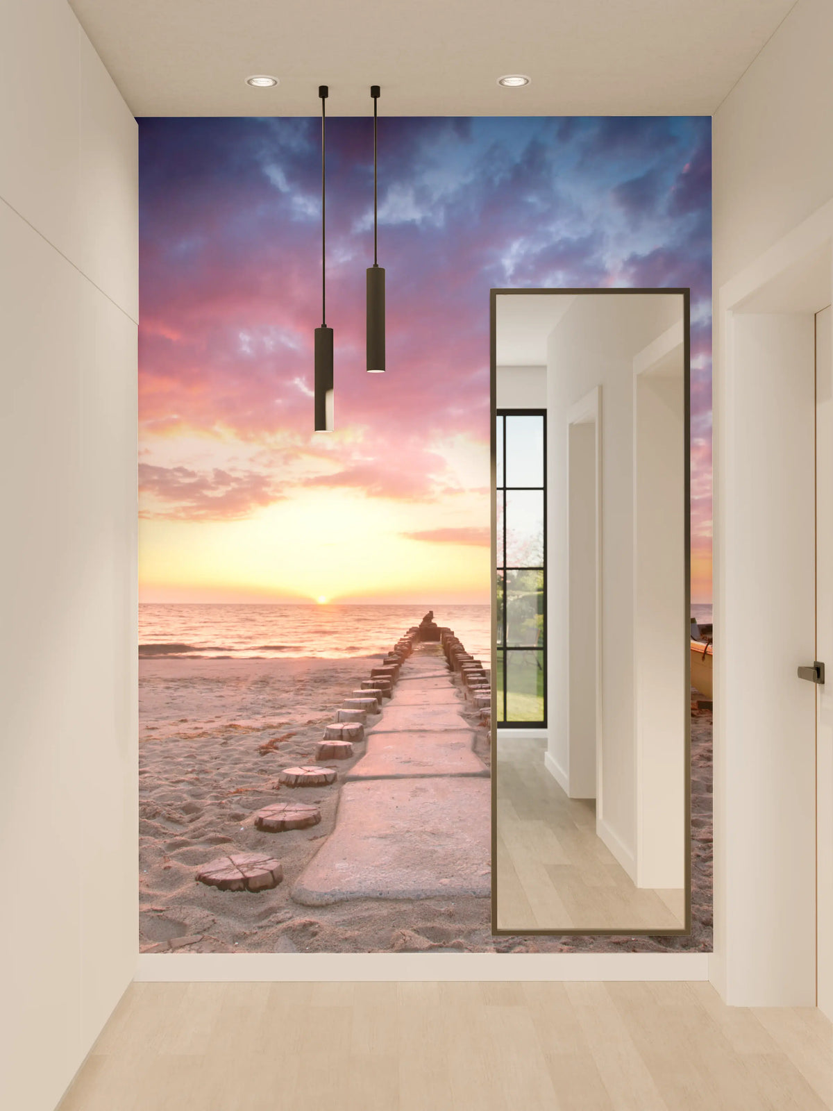 Wandverkleidung Flur - Himmelsspiegelung am Strand bei Sonnenuntergang