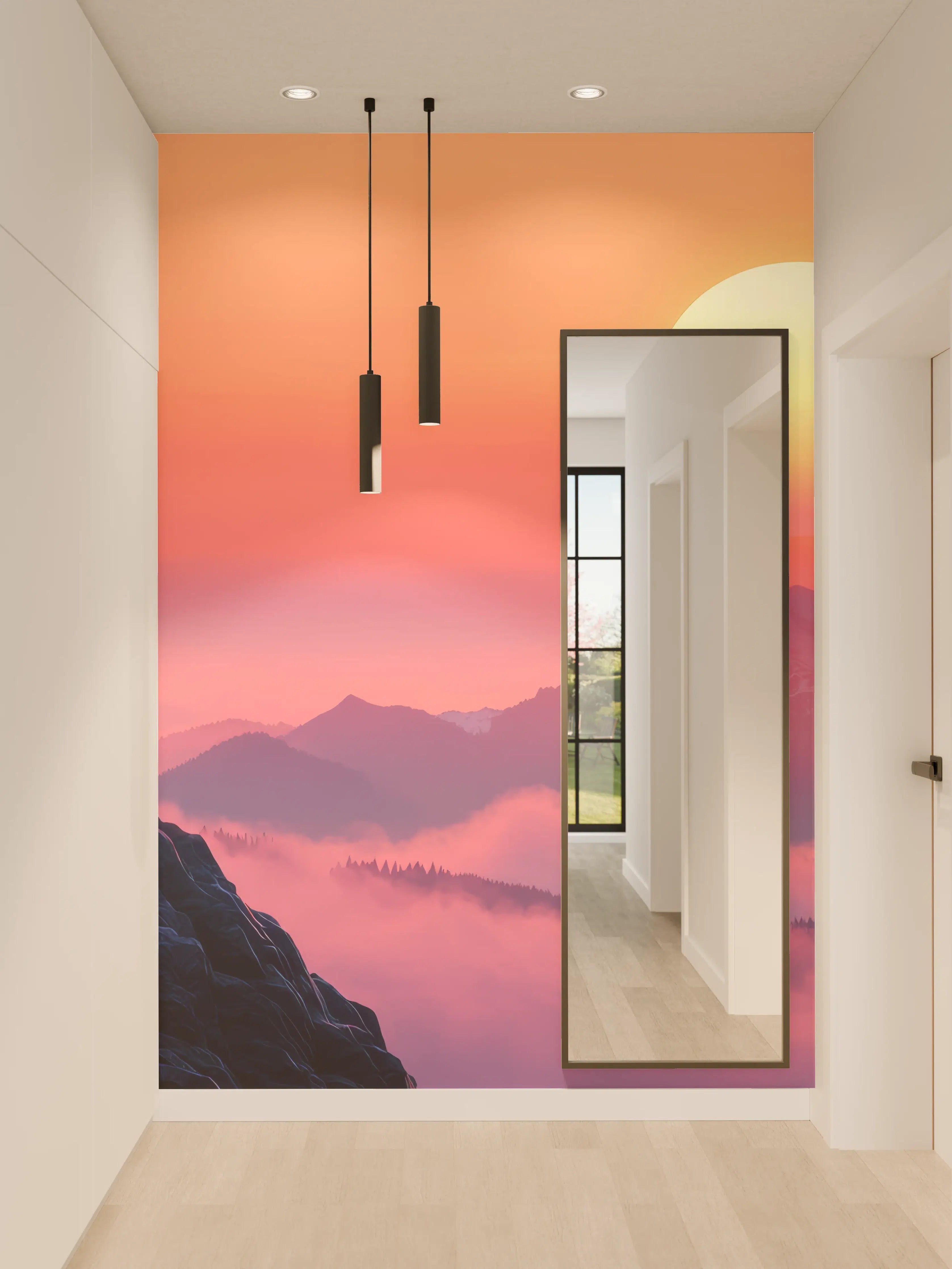 Wandverkleidung Flur - Hirsch-Silhouette Sonnenaufgang Orange-Pink