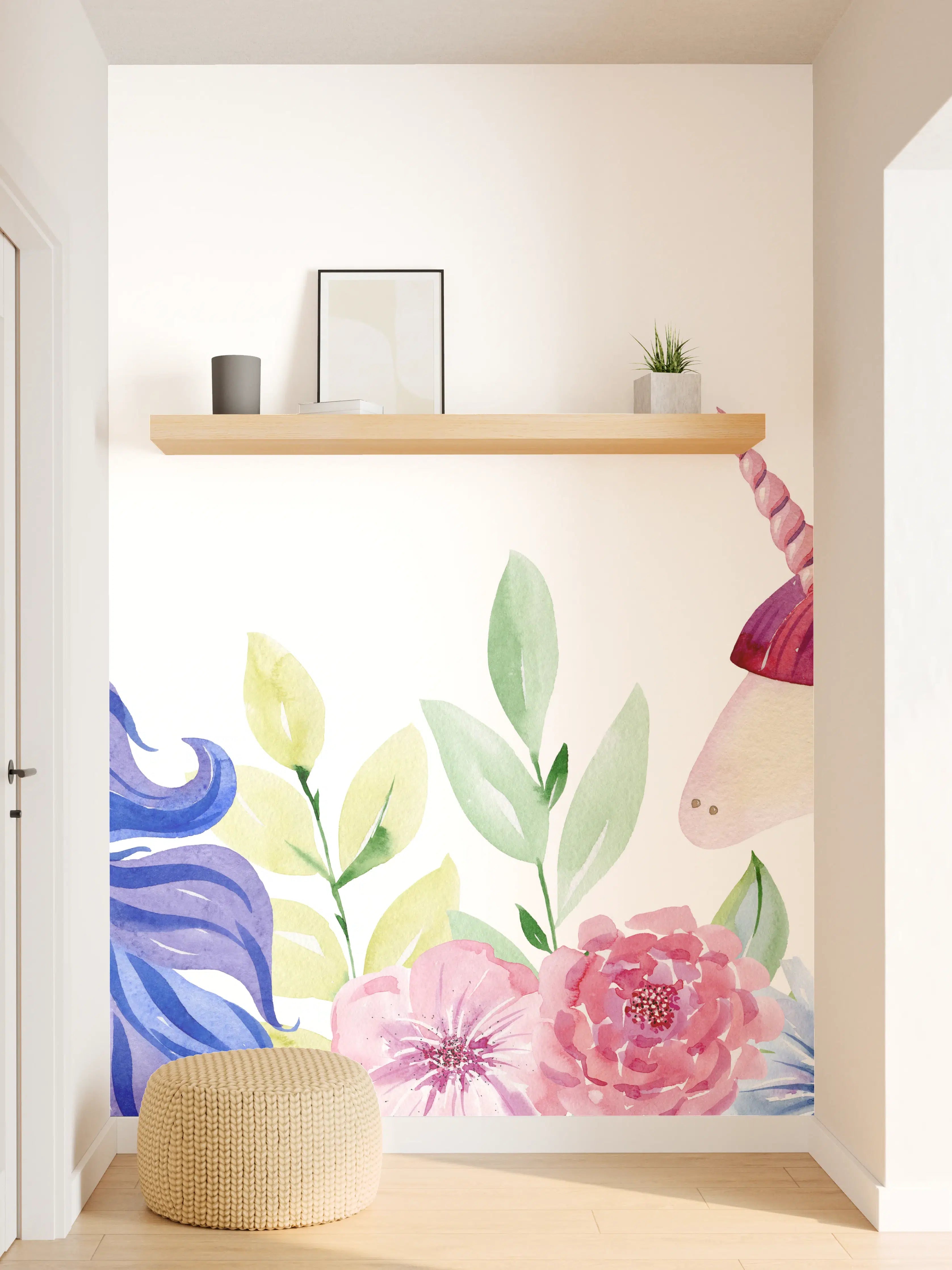 Wandverkleidung Flur - Hochwertige Unicorn-Illustration mit Blumen
