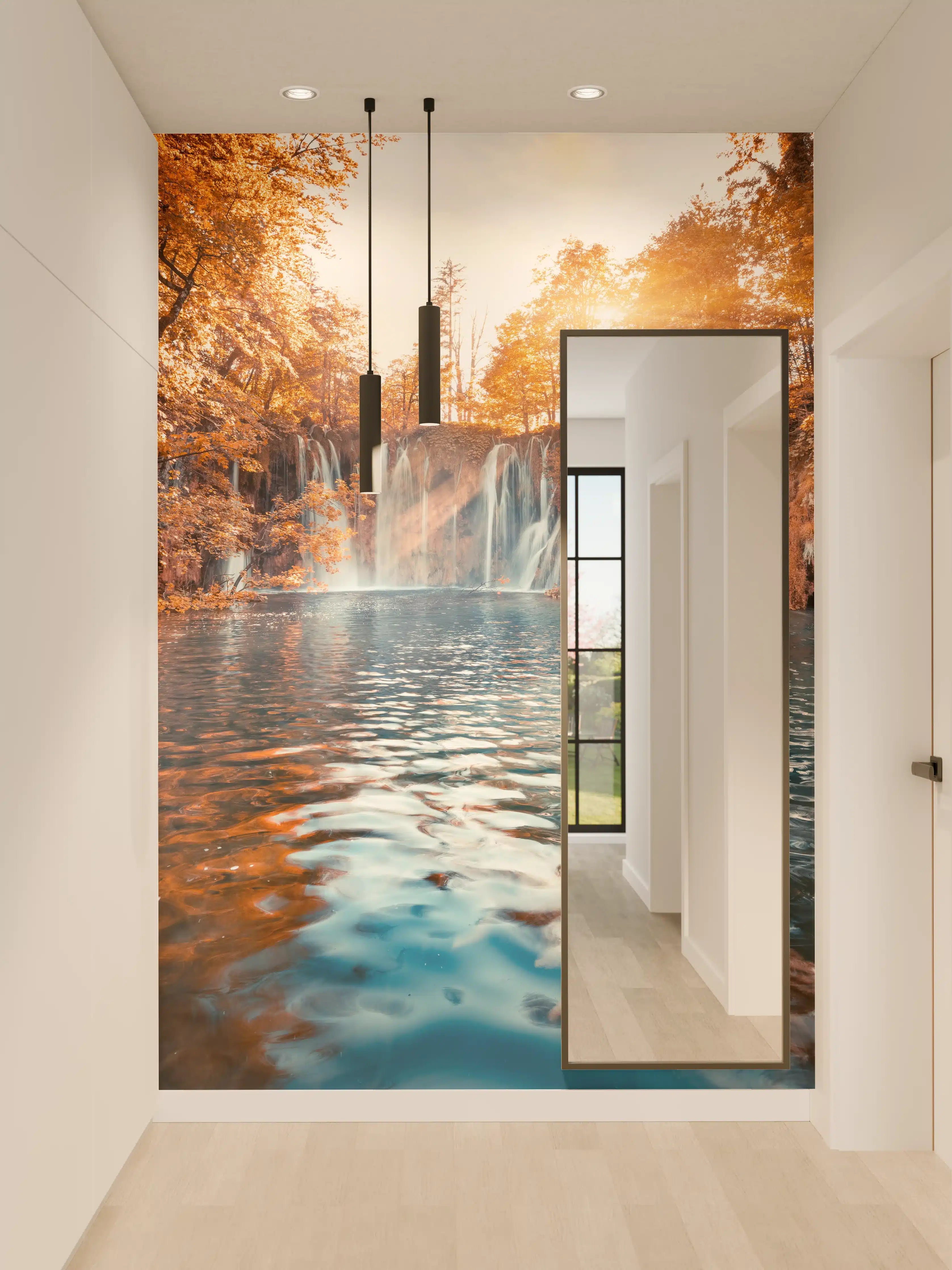 Wandverkleidung Flur - Hochwertiges Naturbild mit Wasserfall im Sonnenlicht