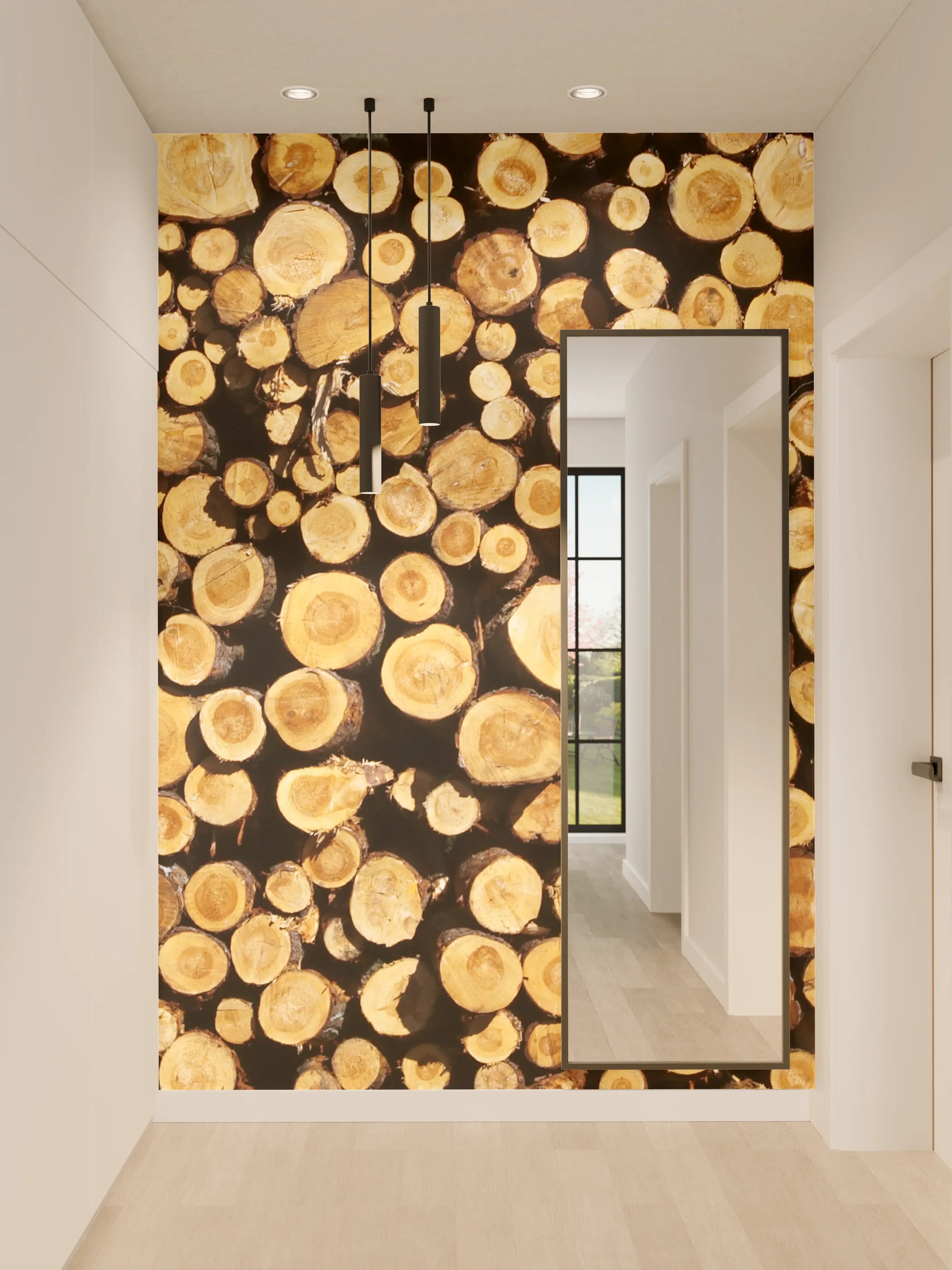 Wandverkleidung Flur - Holzstämme in natürlicher Anordnung