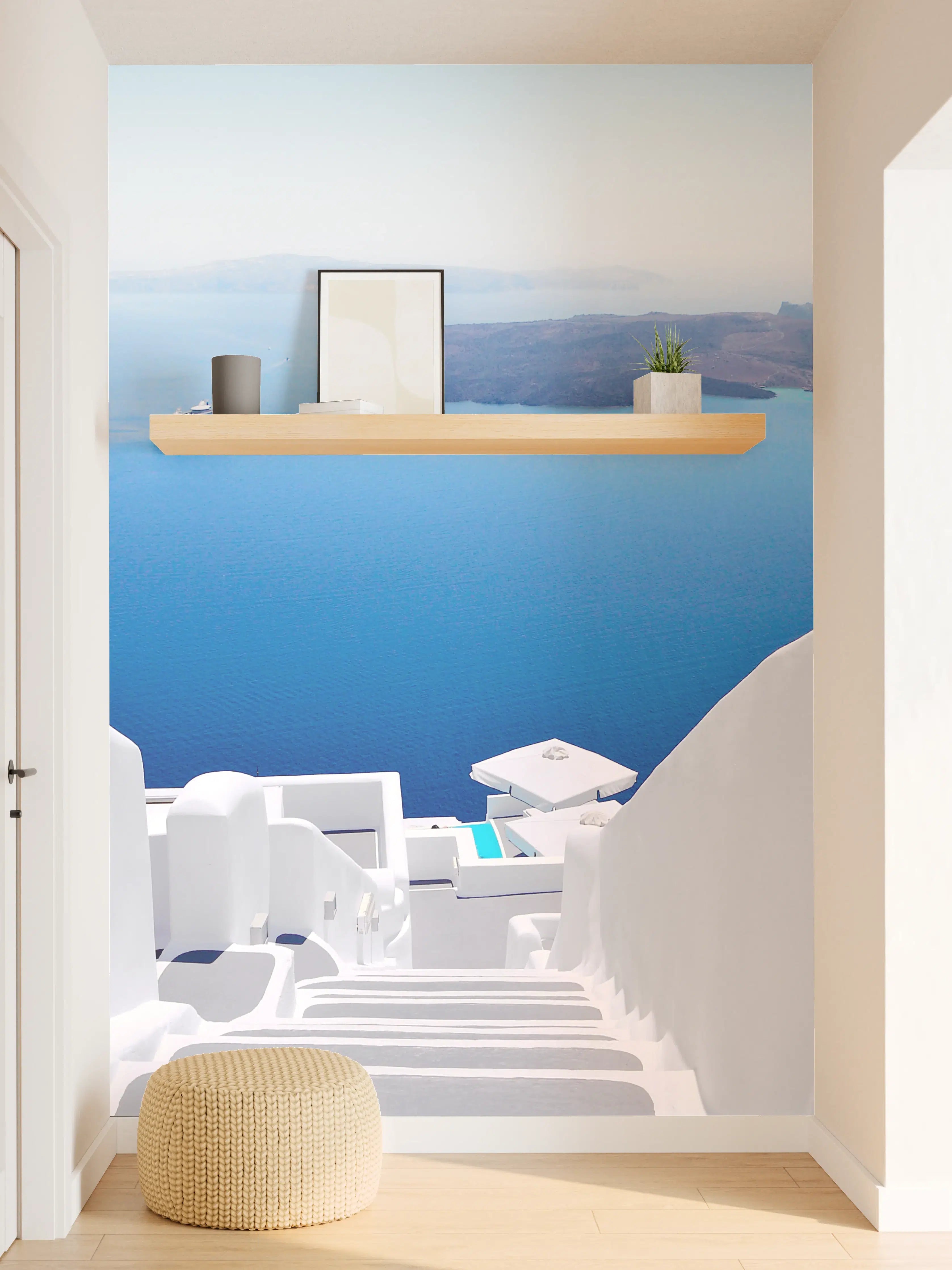 Wandverkleidung Flur - Idyllische Aussicht auf Santorini mit weißer Architektur