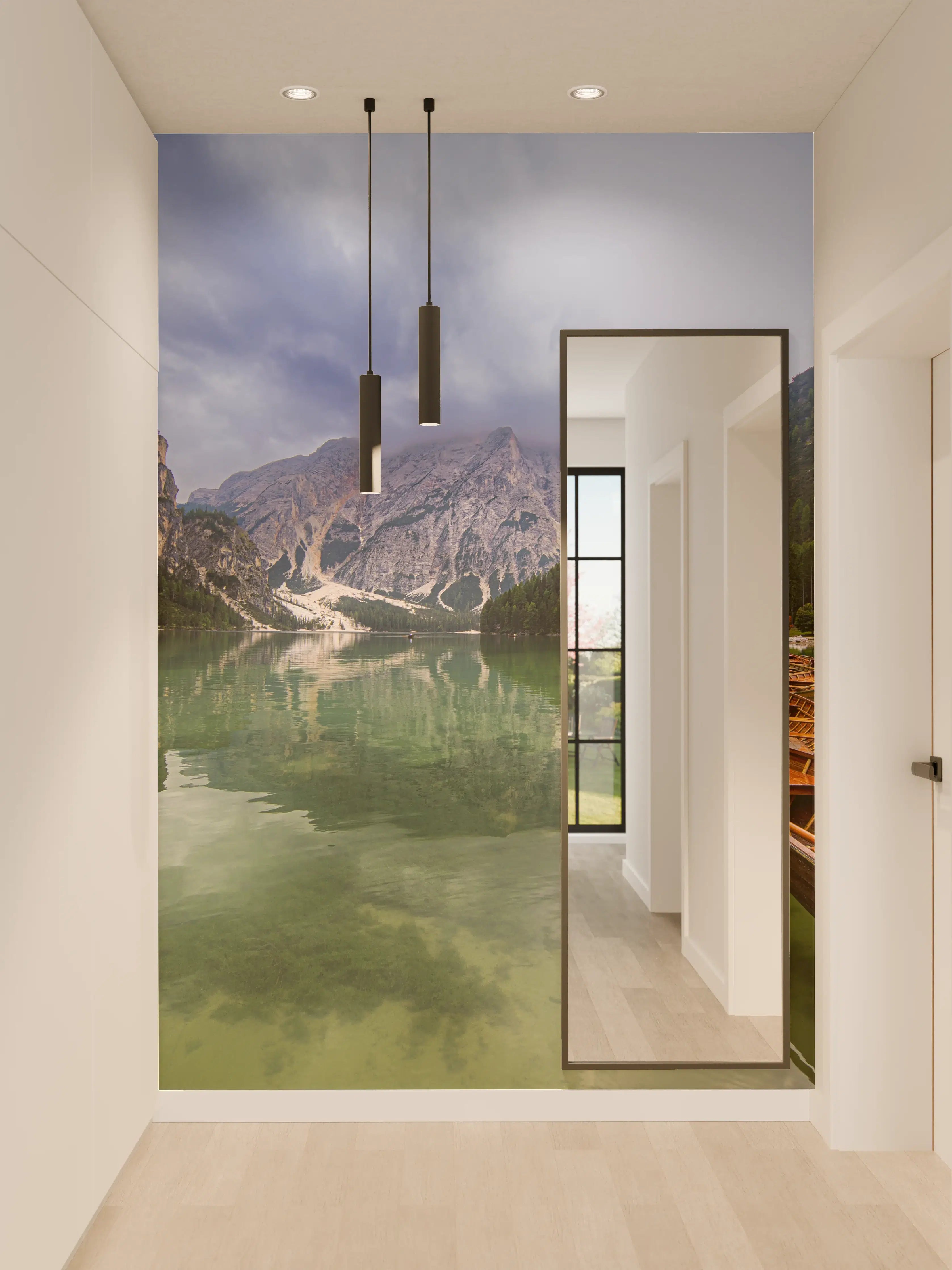 Wandverkleidung Flur - Idyllische Bergsee mit Booten im Naturland