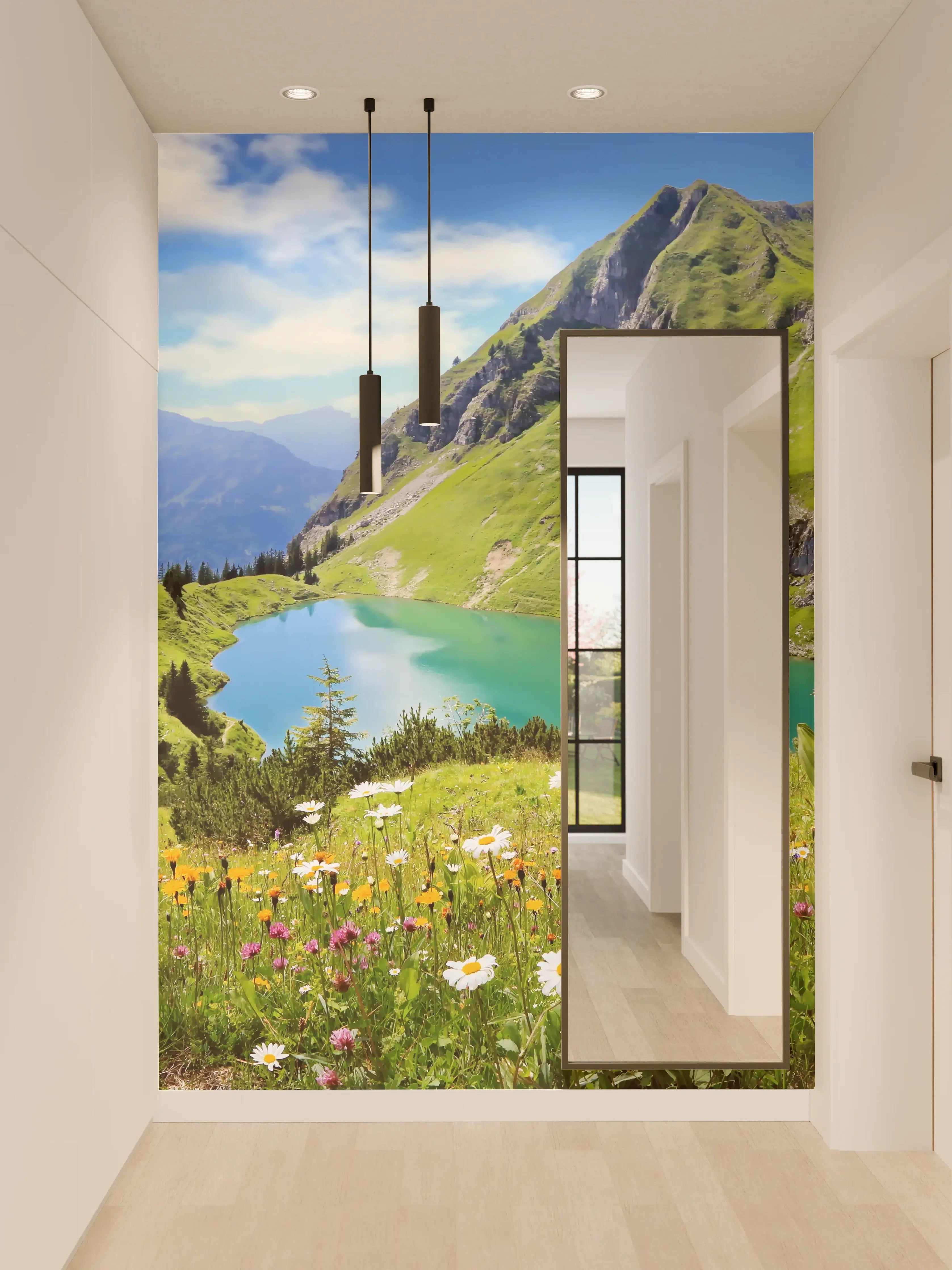 Wandverkleidung Flur - Idyllischer Bergsee inmitten der grünen Landschaft