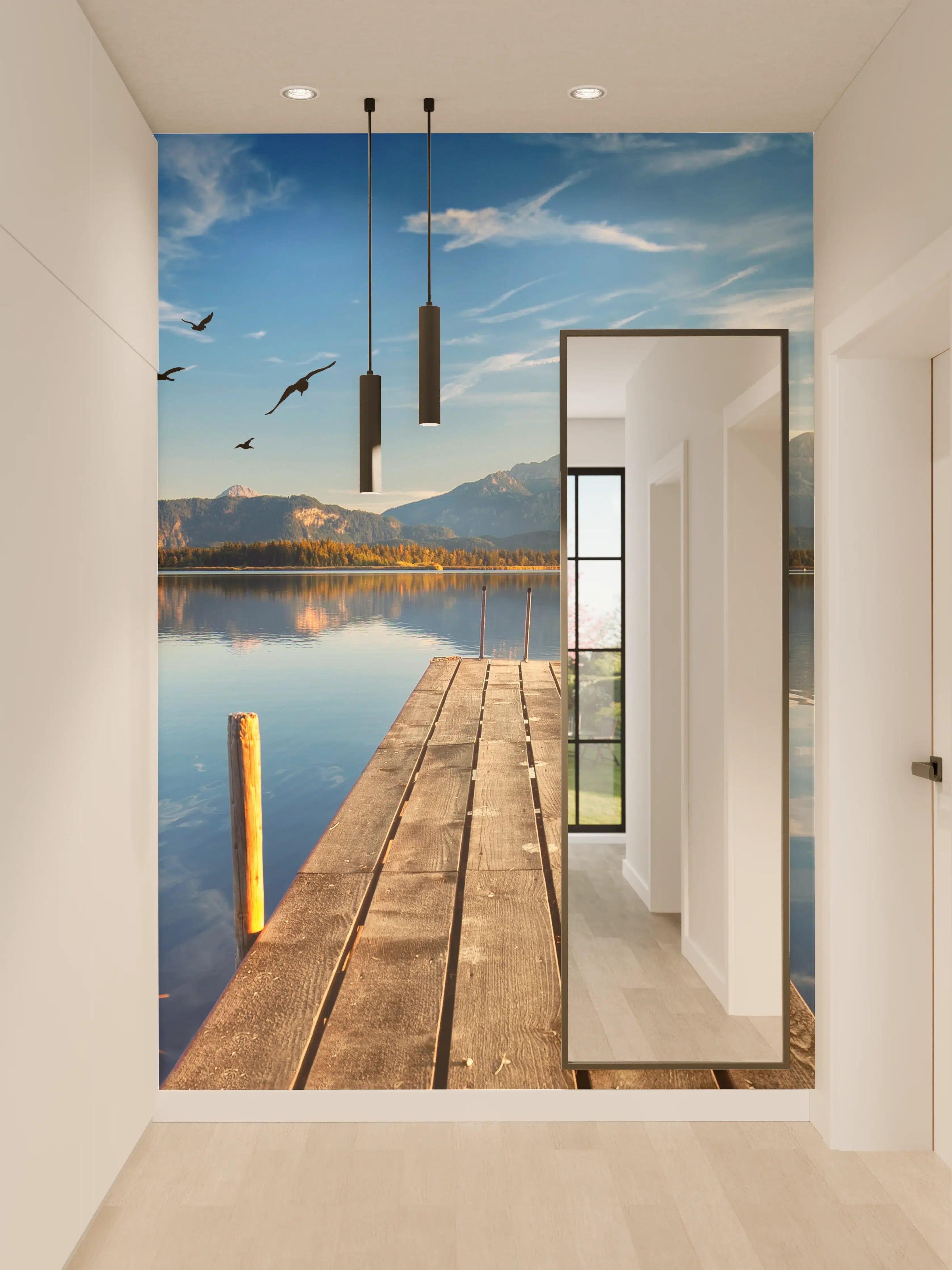 Wandverkleidung Flur - Idyllischer See mit Bergblick bei Sonnenuntergang