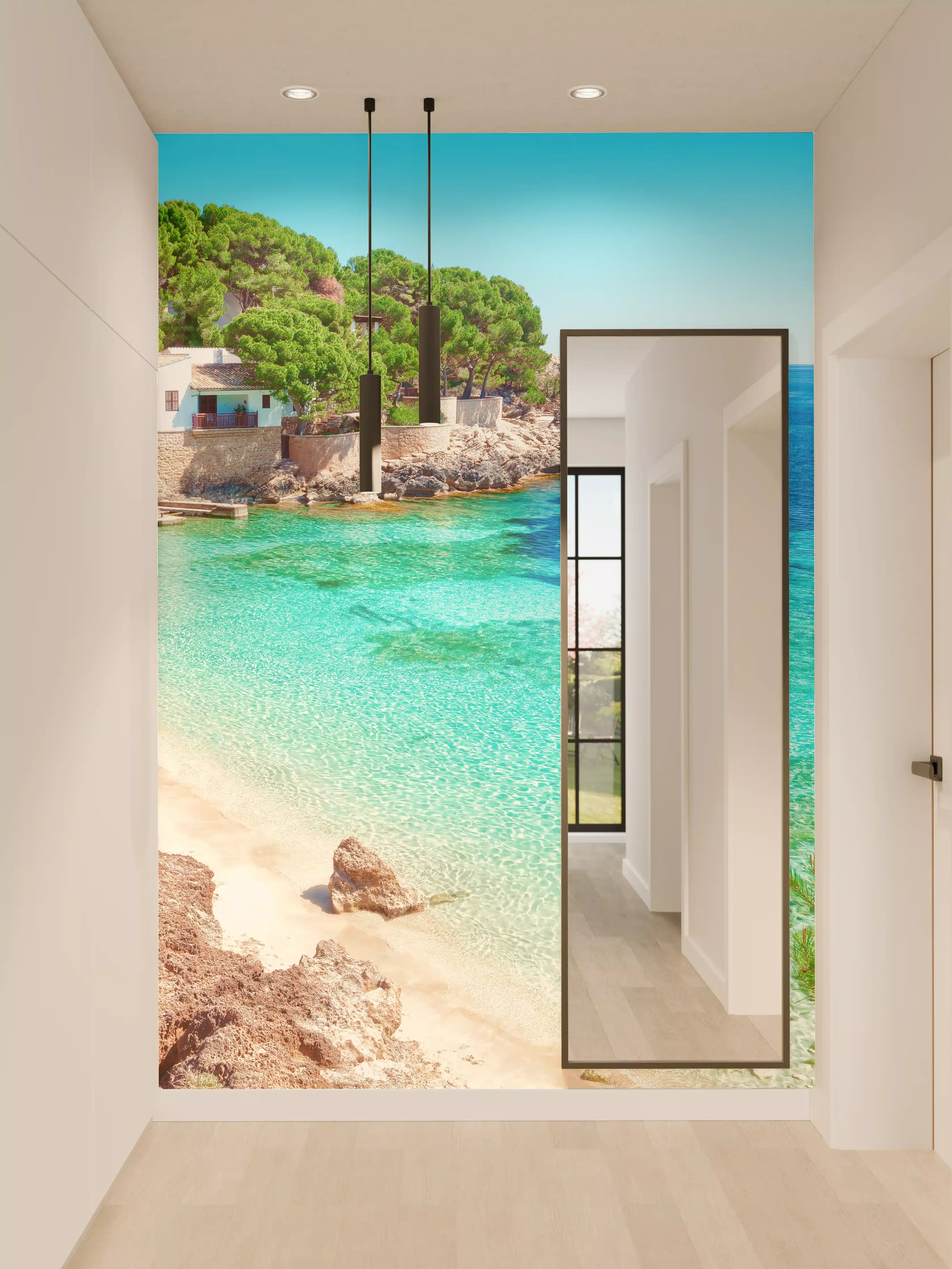 Wandverkleidung Flur - Idyllischer Strand mit Villa und Blick aufs Meer