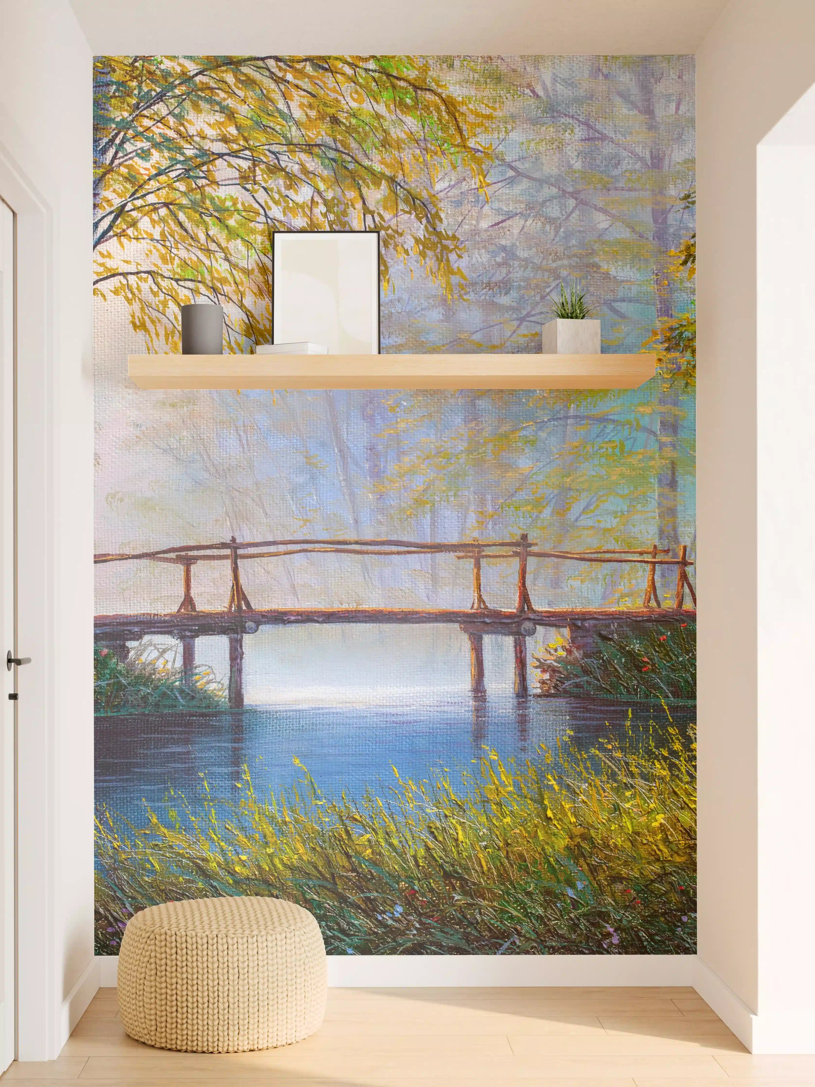 Wandverkleidung Flur - Idyllischer Waldsee mit Holzsteg im Herbst