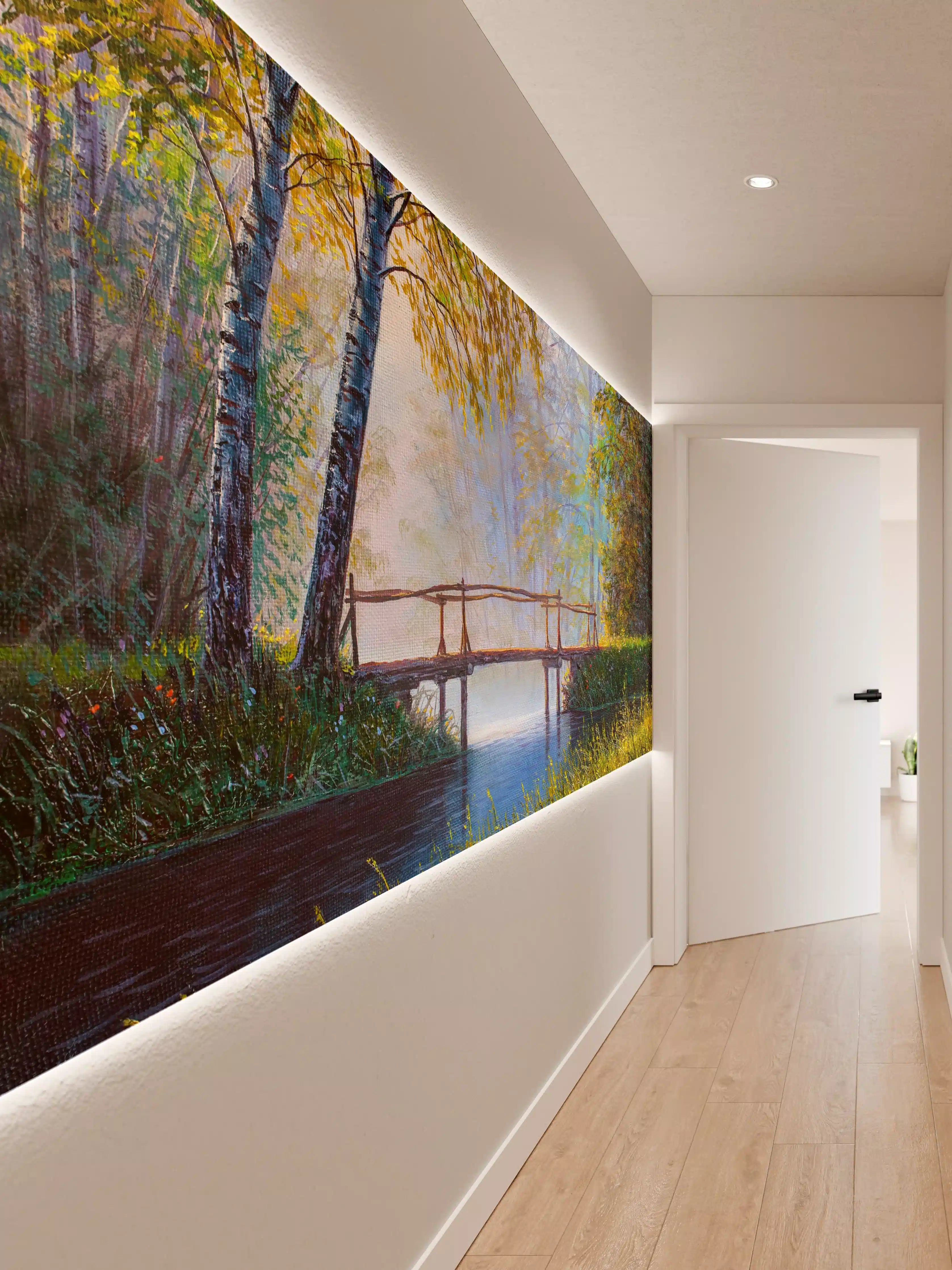 Wandverkleidung Flur - Idyllischer Waldsee mit Holzsteg im Herbst