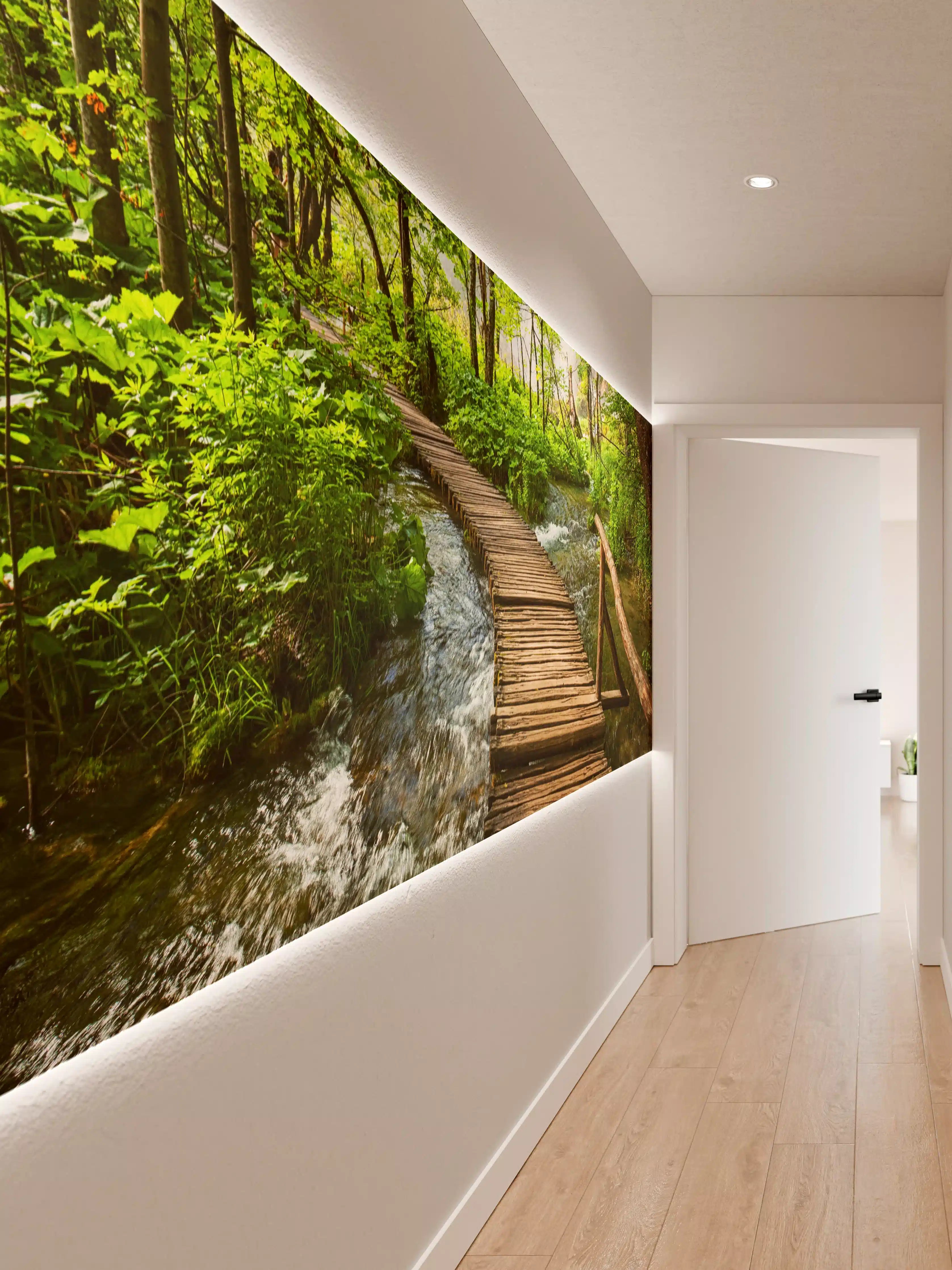 Wandverkleidung Flur - Idyllischer Waldweg über Holzbrücke