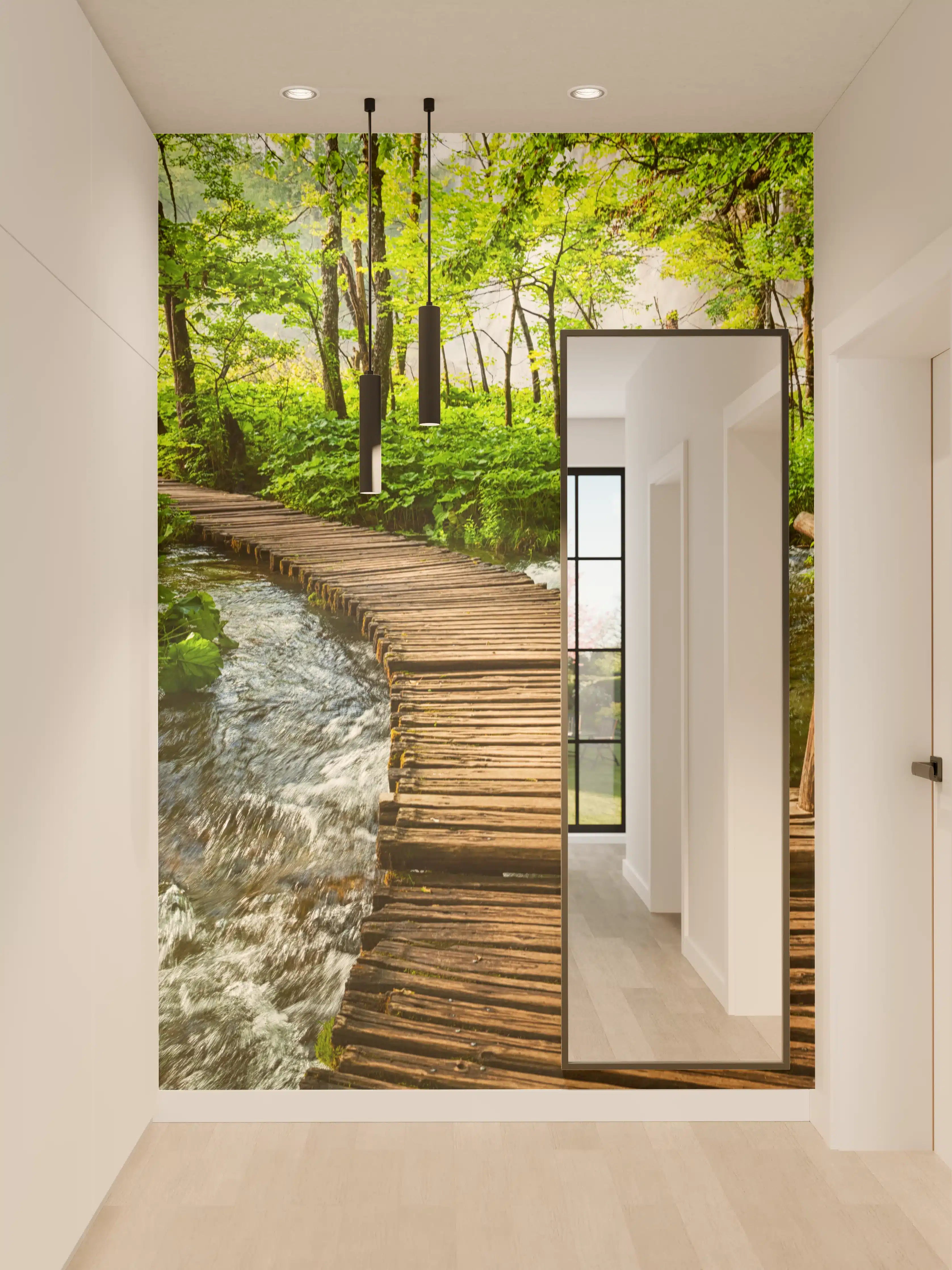 Wandverkleidung Flur - Idyllischer Waldweg über Holzbrücke