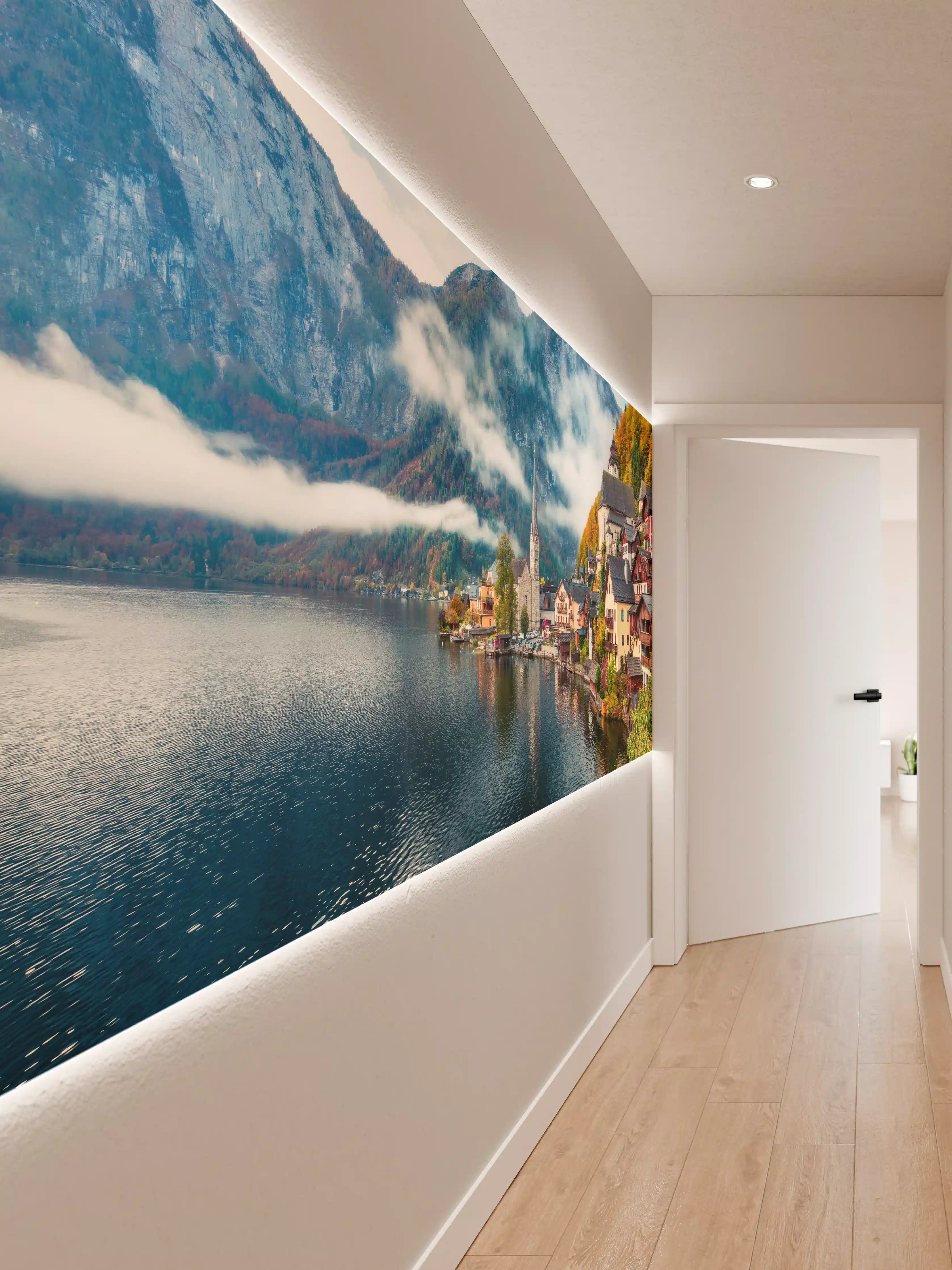 Wandverkleidung Flur - Idyllisches Dorf am See mit Bergen hintergrund