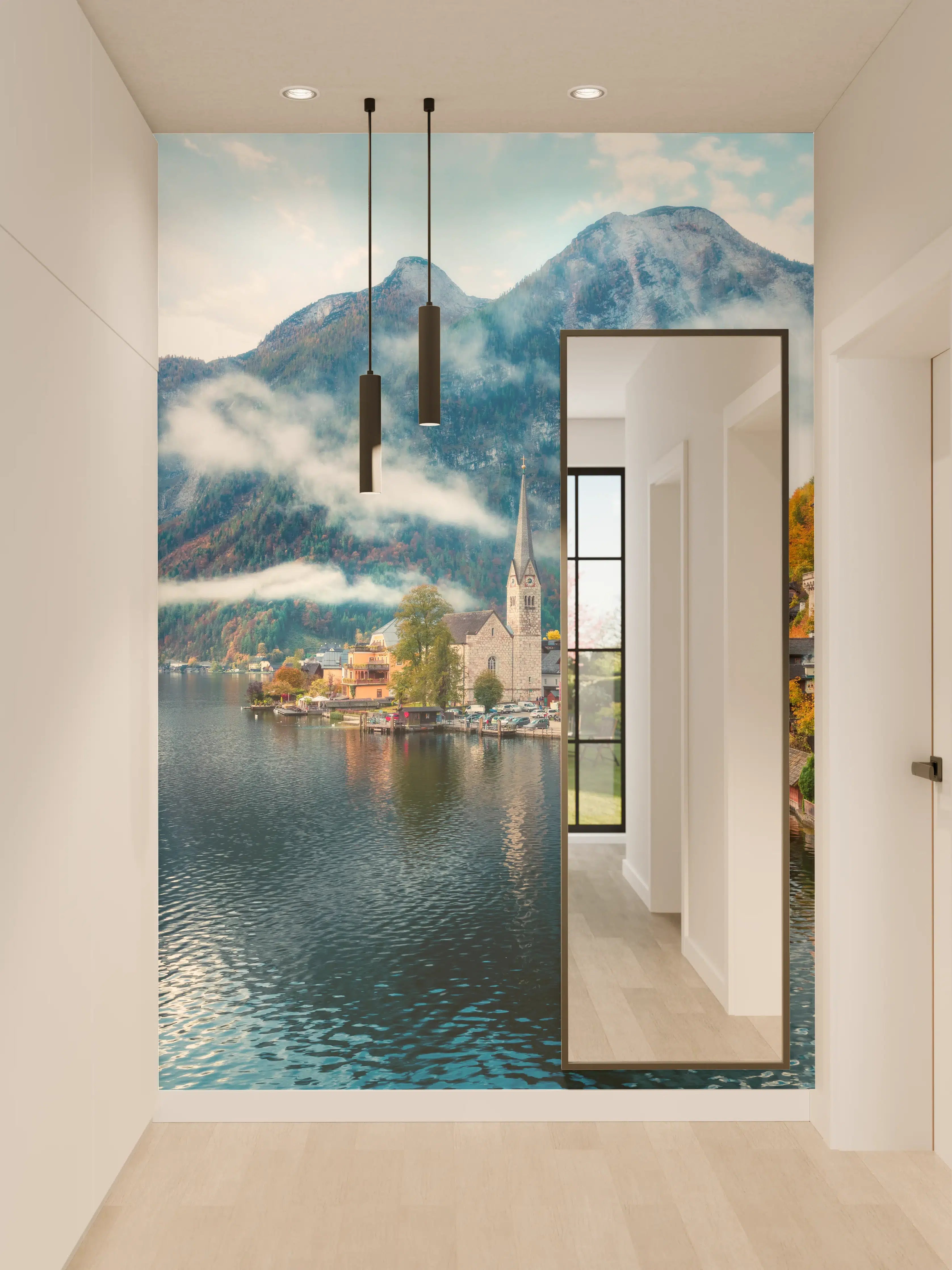Wandverkleidung Flur - Idyllisches Dorf am See mit Bergen hintergrund