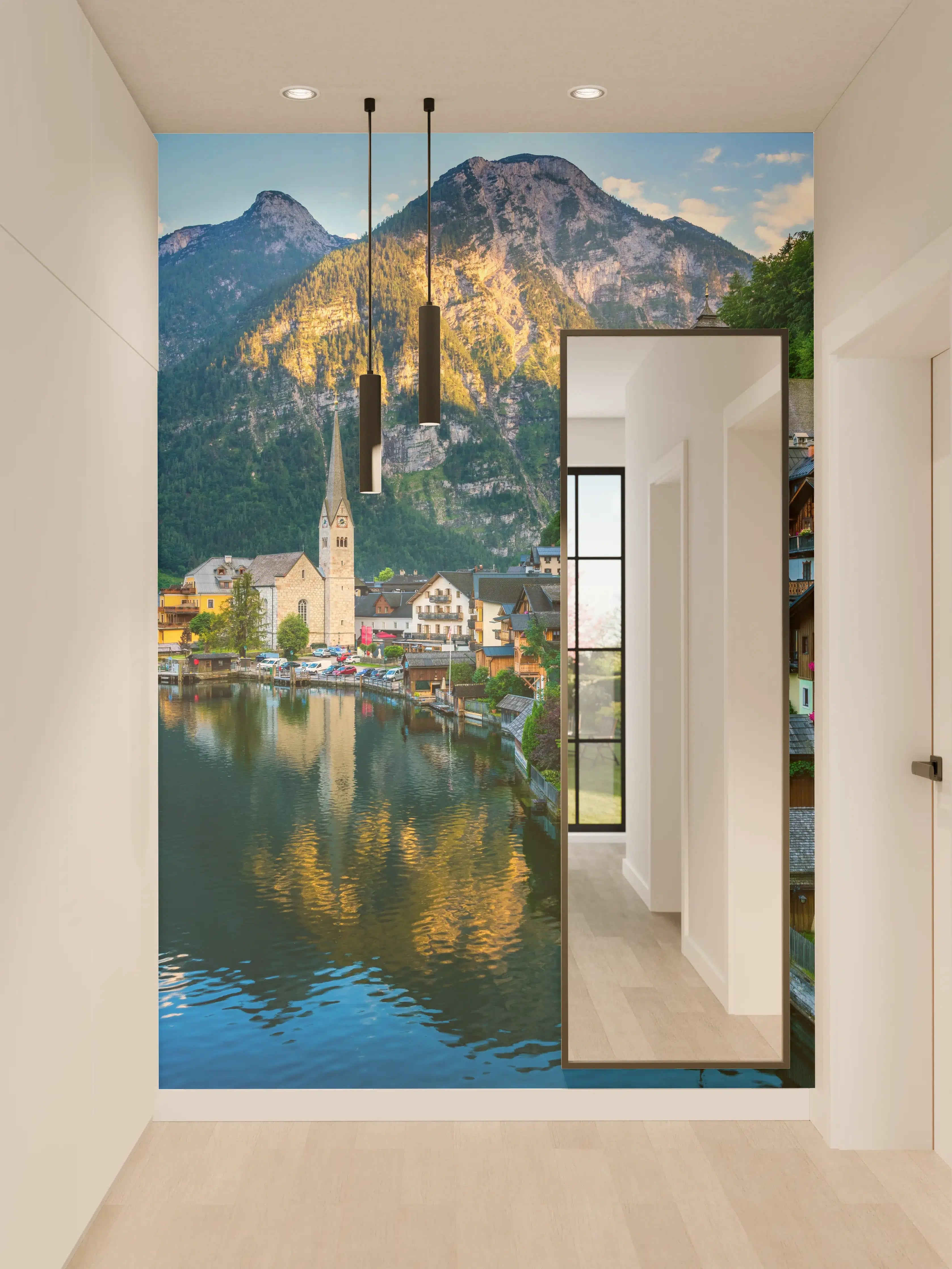 Wandverkleidung Flur - Idyllisches Dorf am See mit Bergpanorama