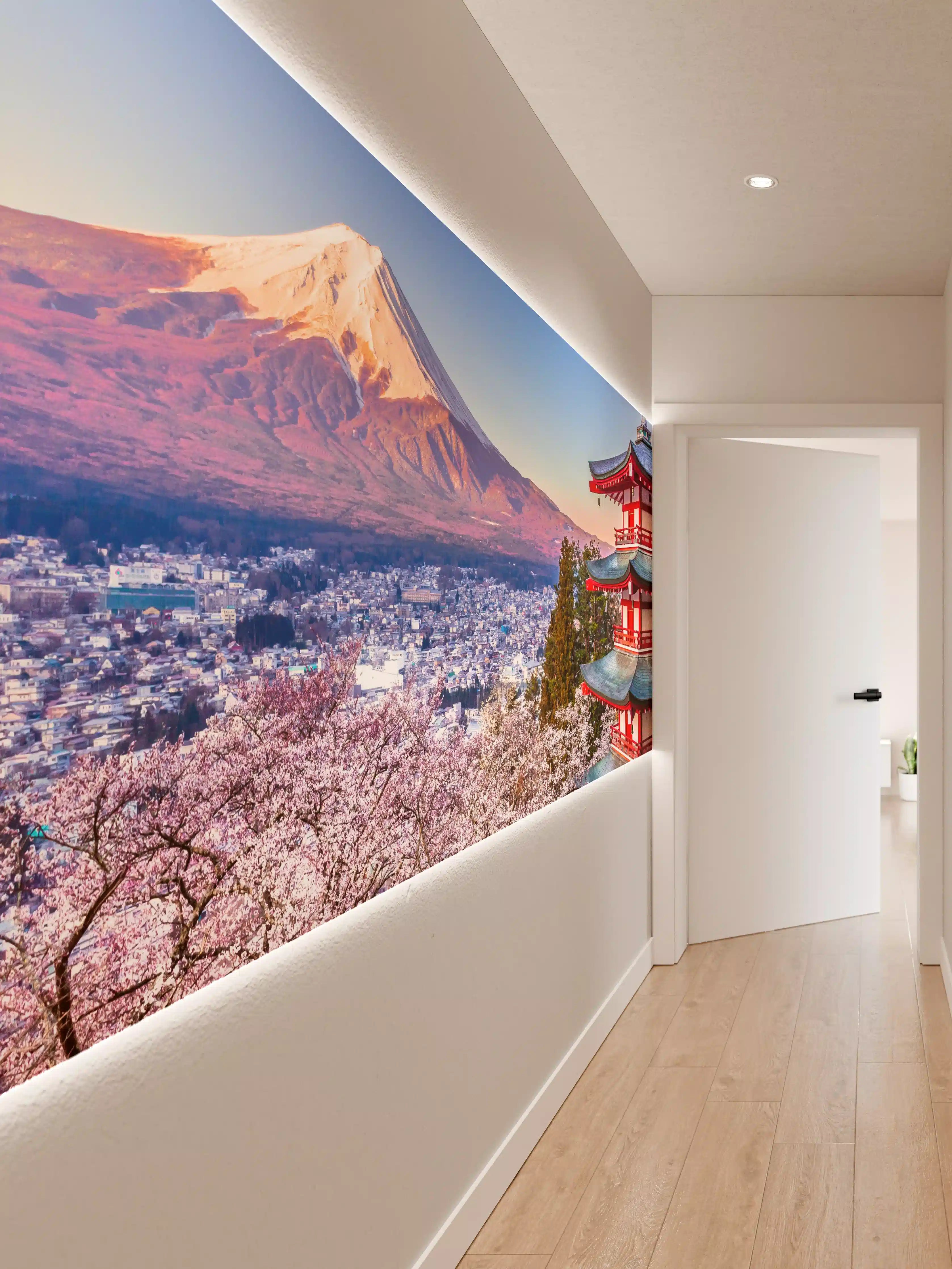 Wandverkleidung Flur - Idyllisches Japan: Berg Fuji & Pagode im Frühling