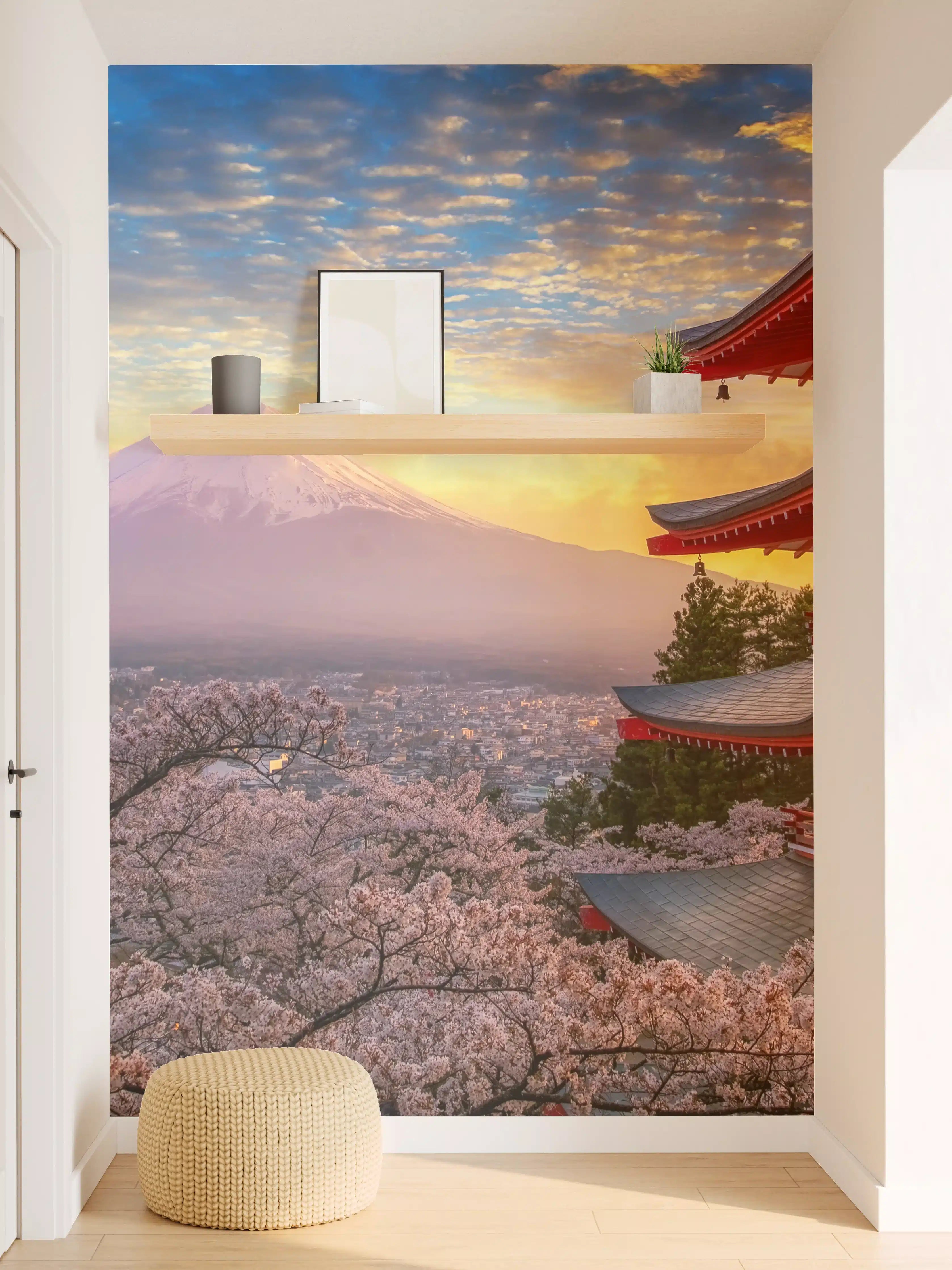 Wandverkleidung Flur - Japanische Tempel bei Sonnenuntergang mit Mount Fuji