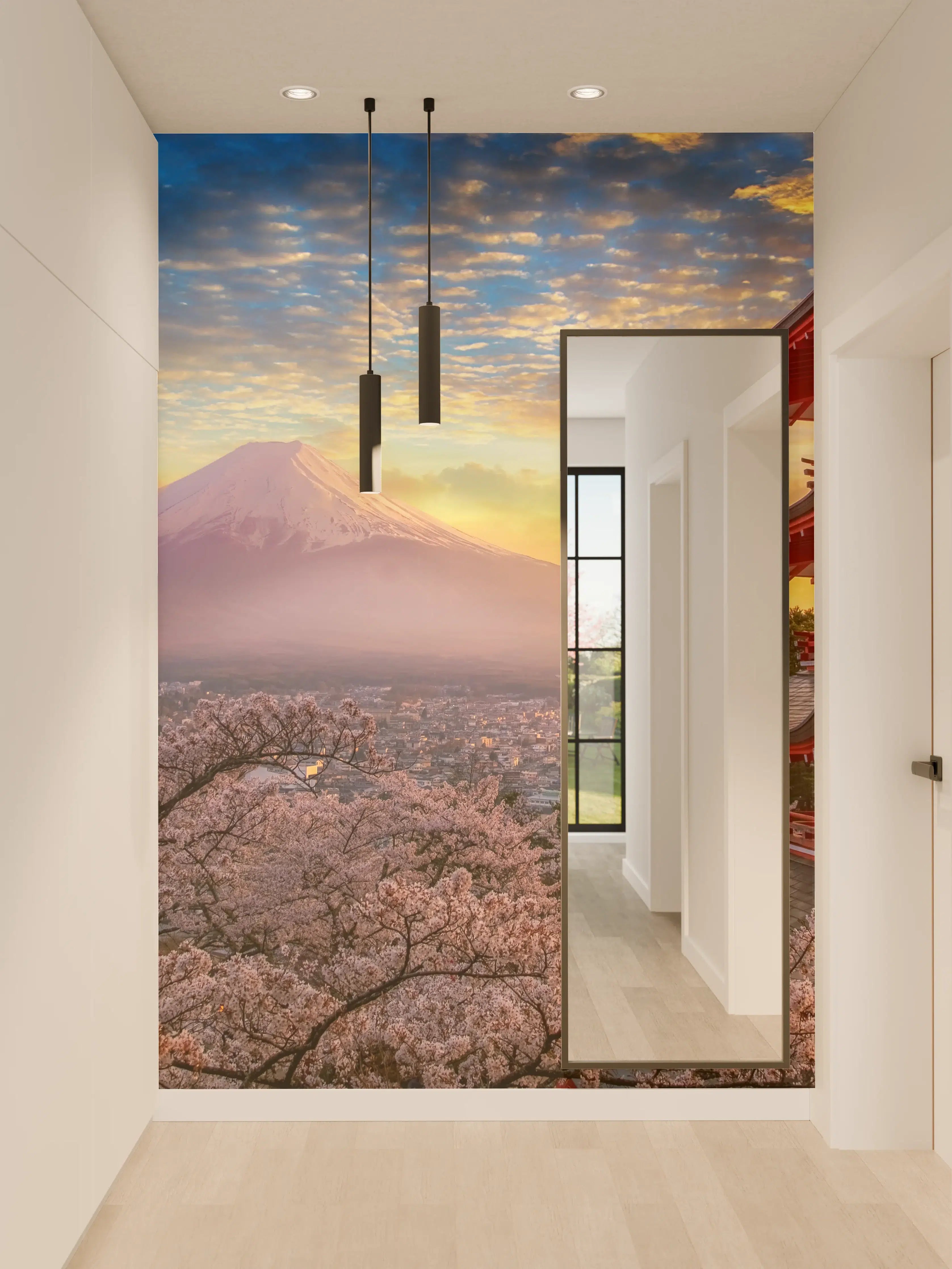 Wandverkleidung Flur - Japanische Tempel bei Sonnenuntergang mit Mount Fuji