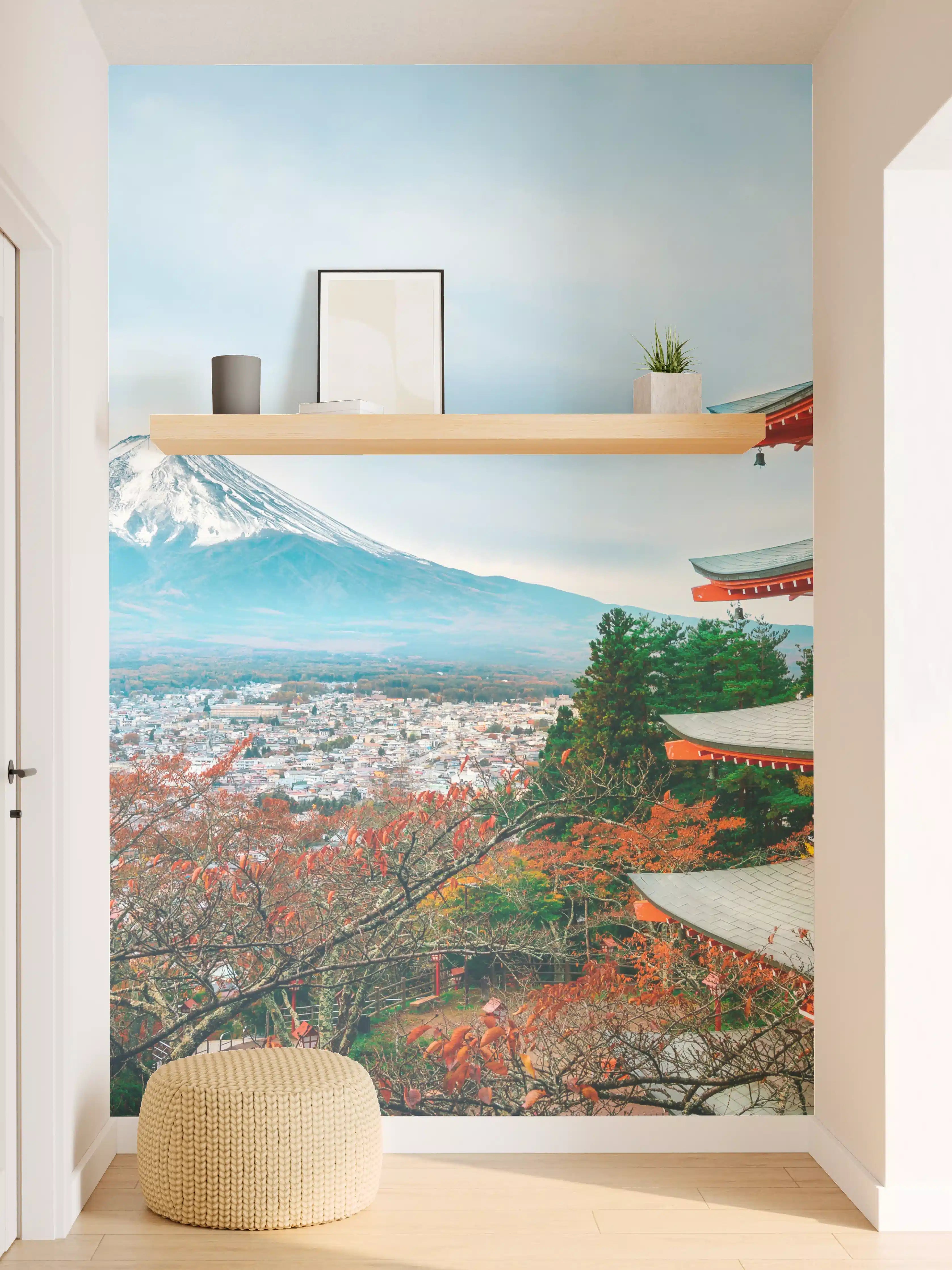 Wandverkleidung Flur - Japanische Tempel und Mount Fuji im Herbst
