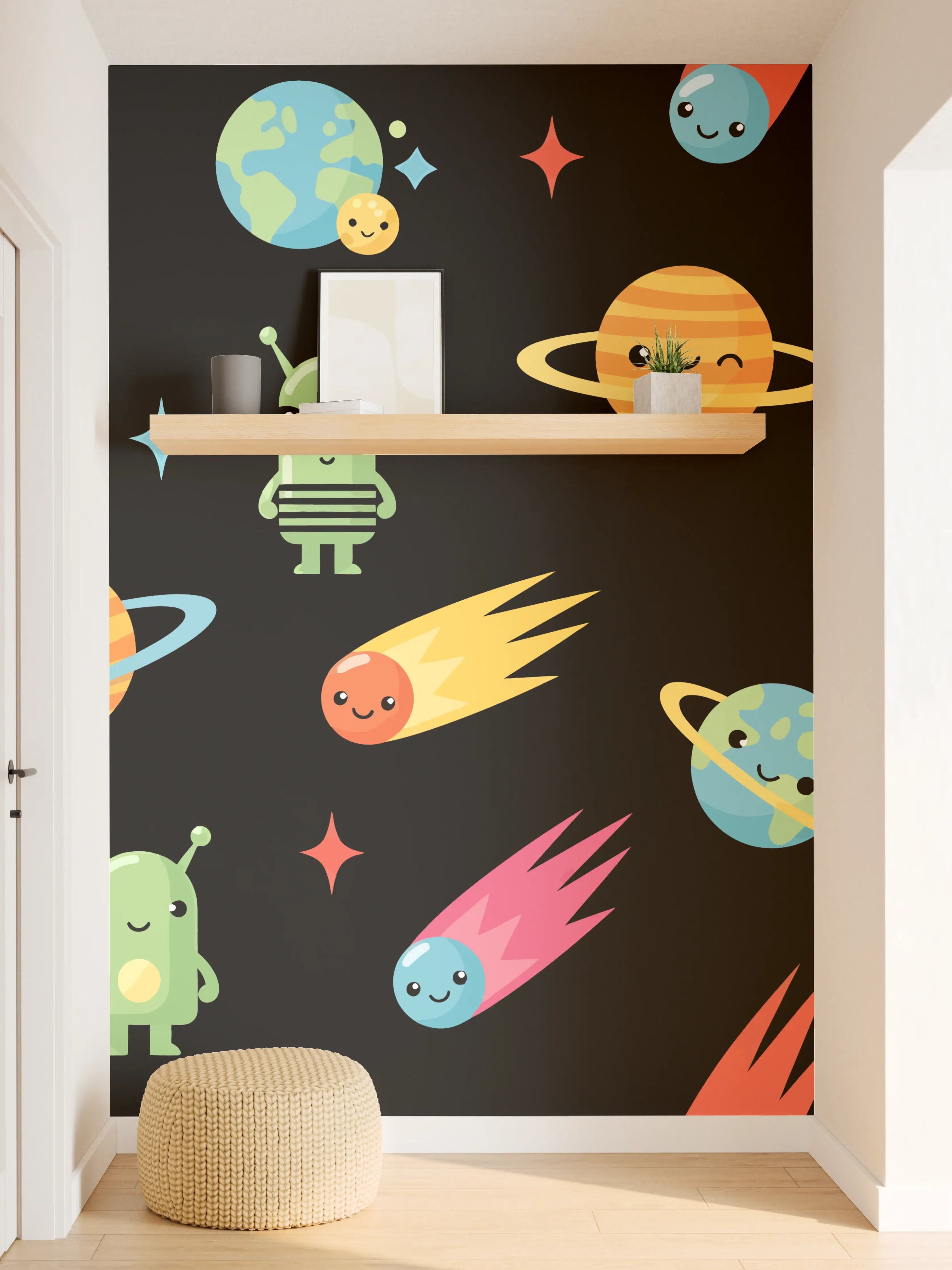 Wandverkleidung Flur - Kinderhafte Weltraum-Illustration mit Planeten und Asteroiden