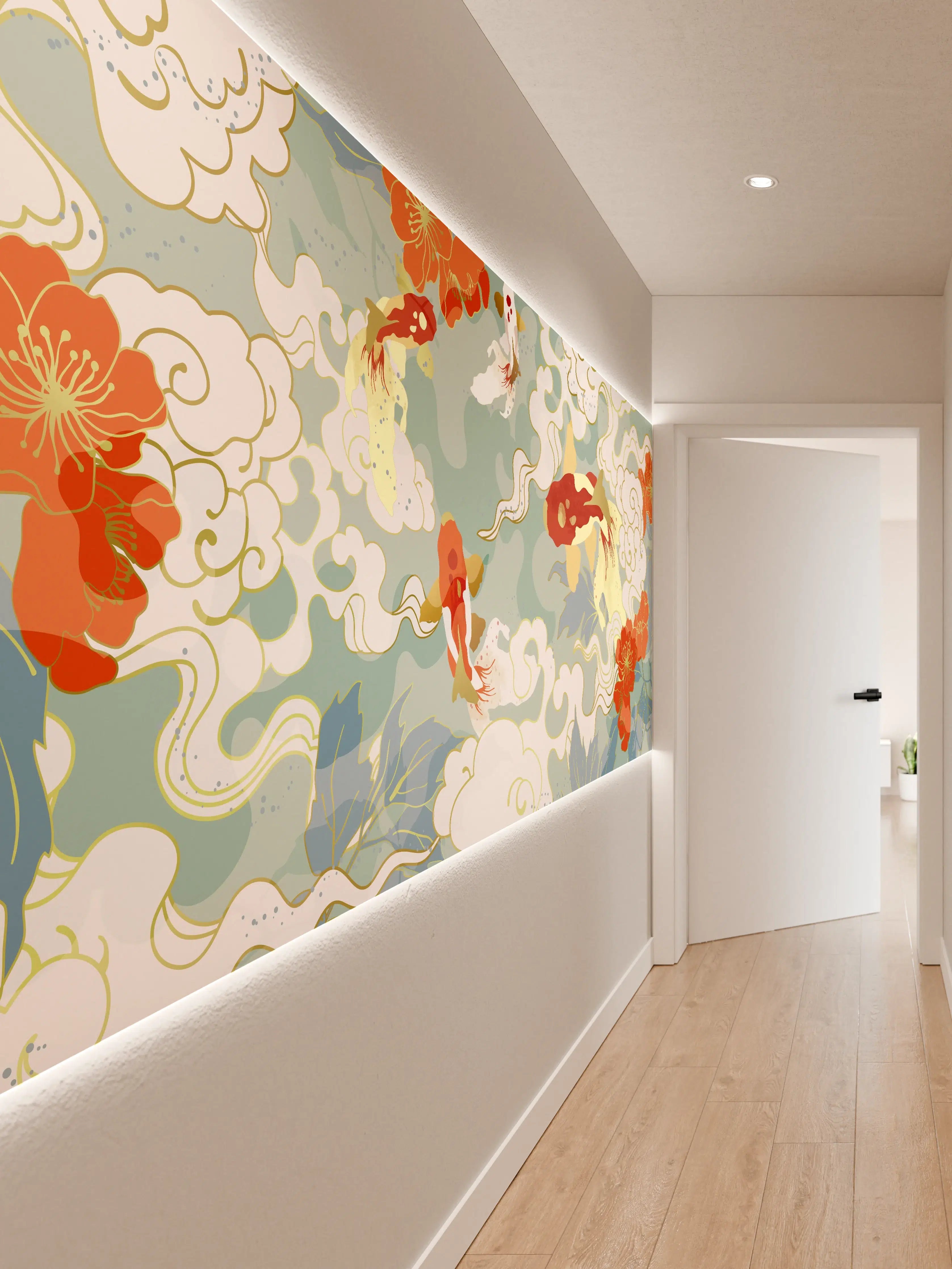 Wandverkleidung Flur - Koi-Fisch Muster Pastell