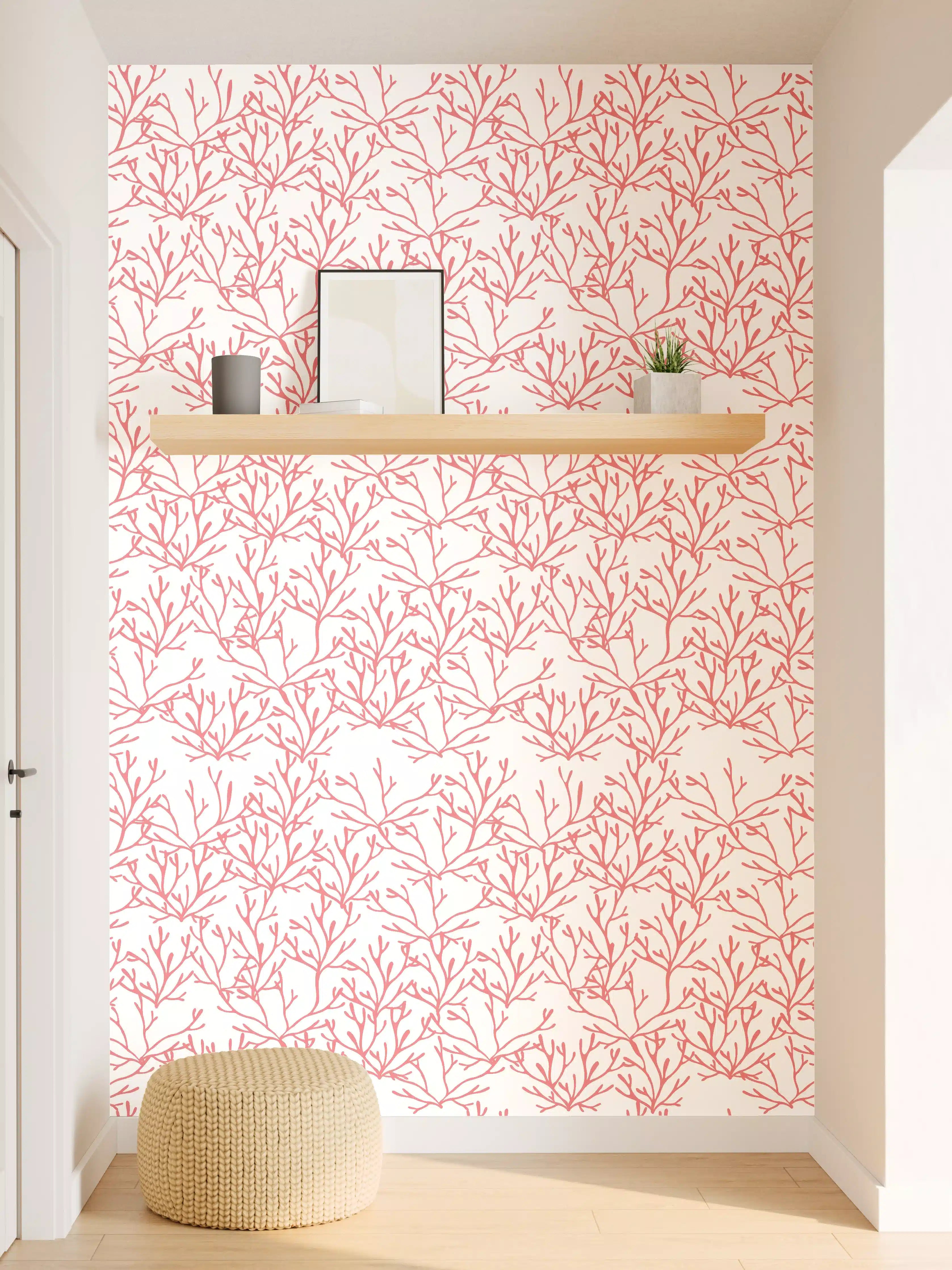 Wandverkleidung Flur - Korallenmuster Rosa auf Weiß