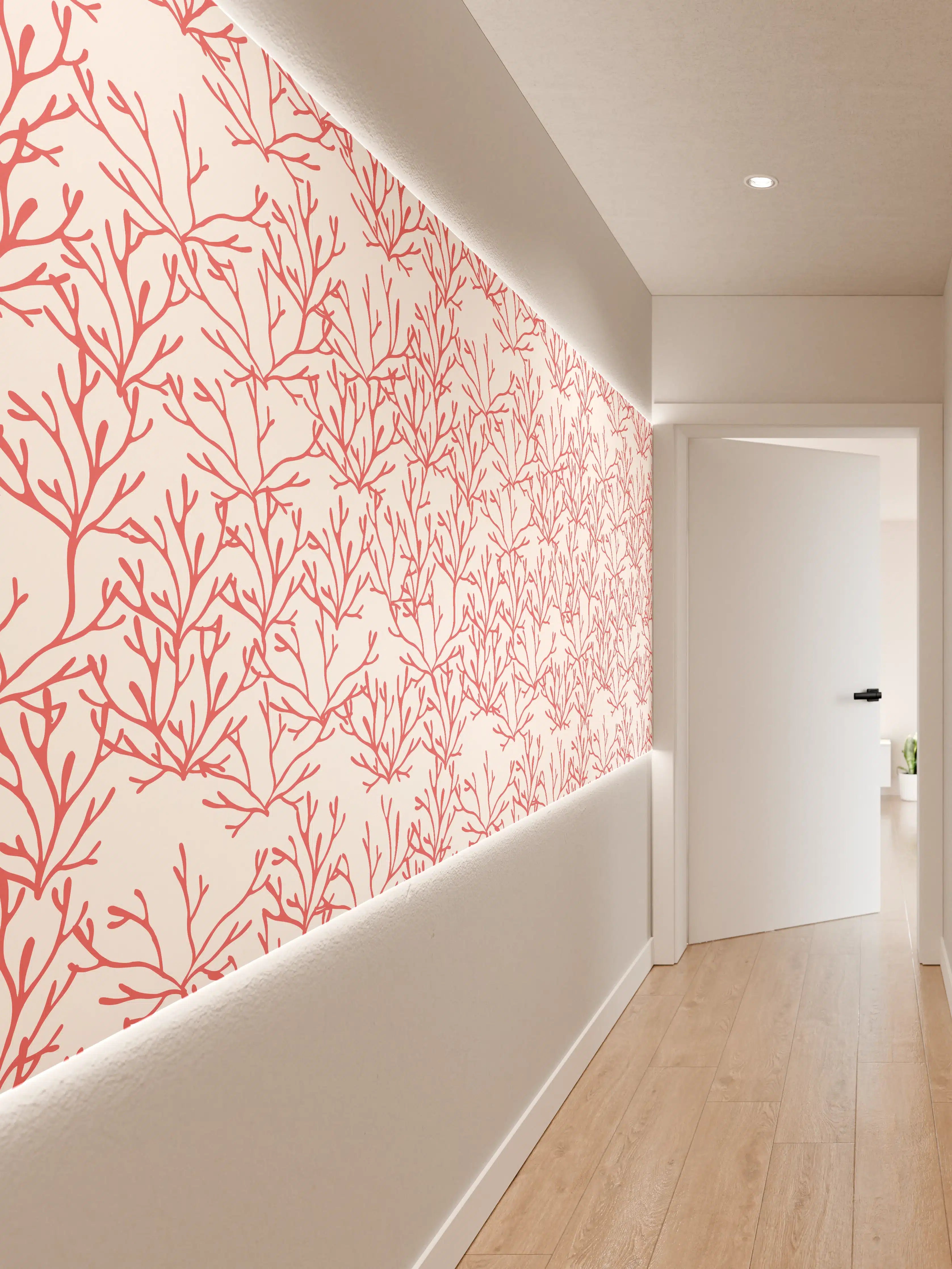 Wandverkleidung Flur - Korallenmuster Rosa auf Weiß