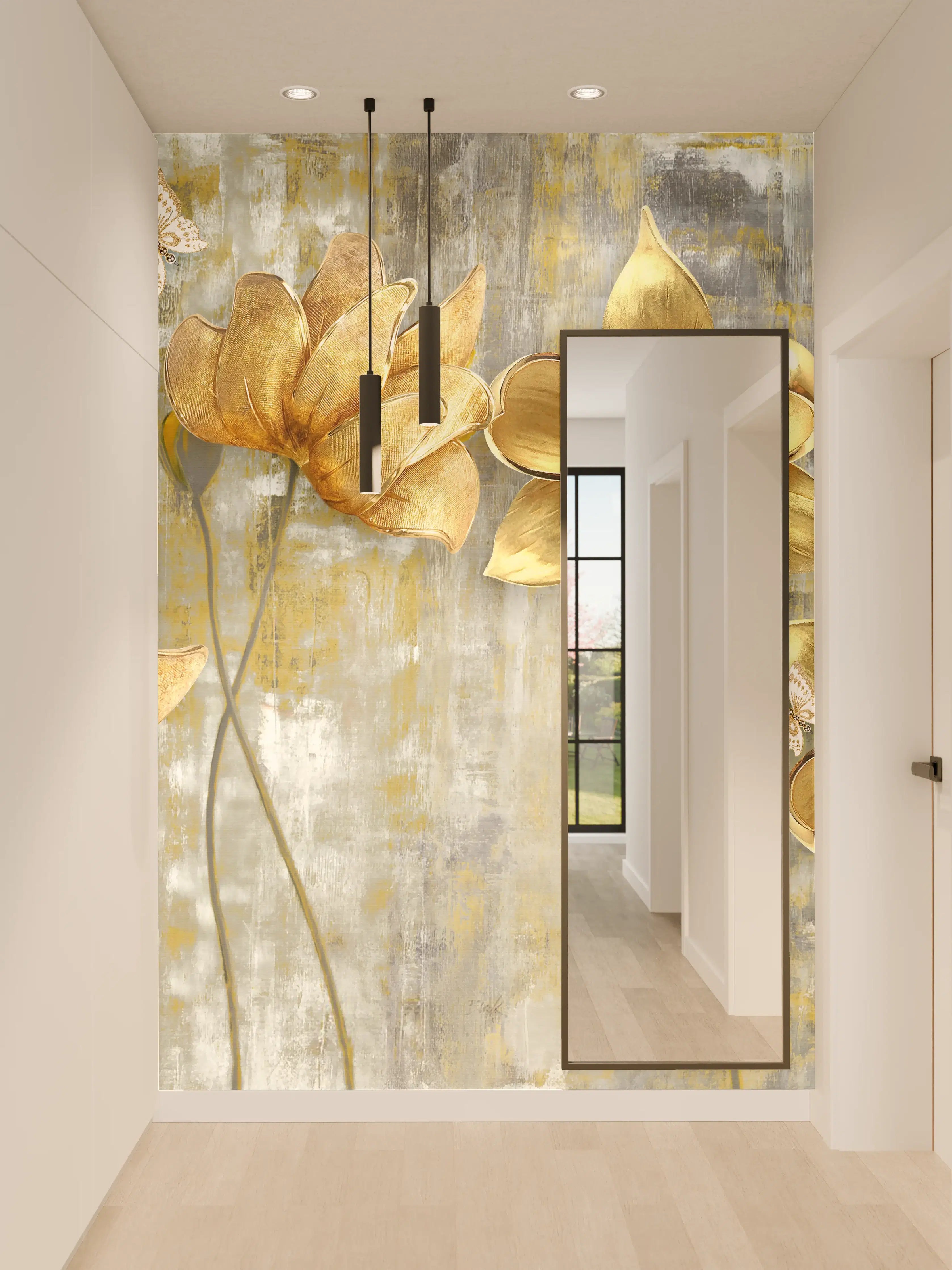 Wandverkleidung Flur - Künstlerische Blattgold-Blumen