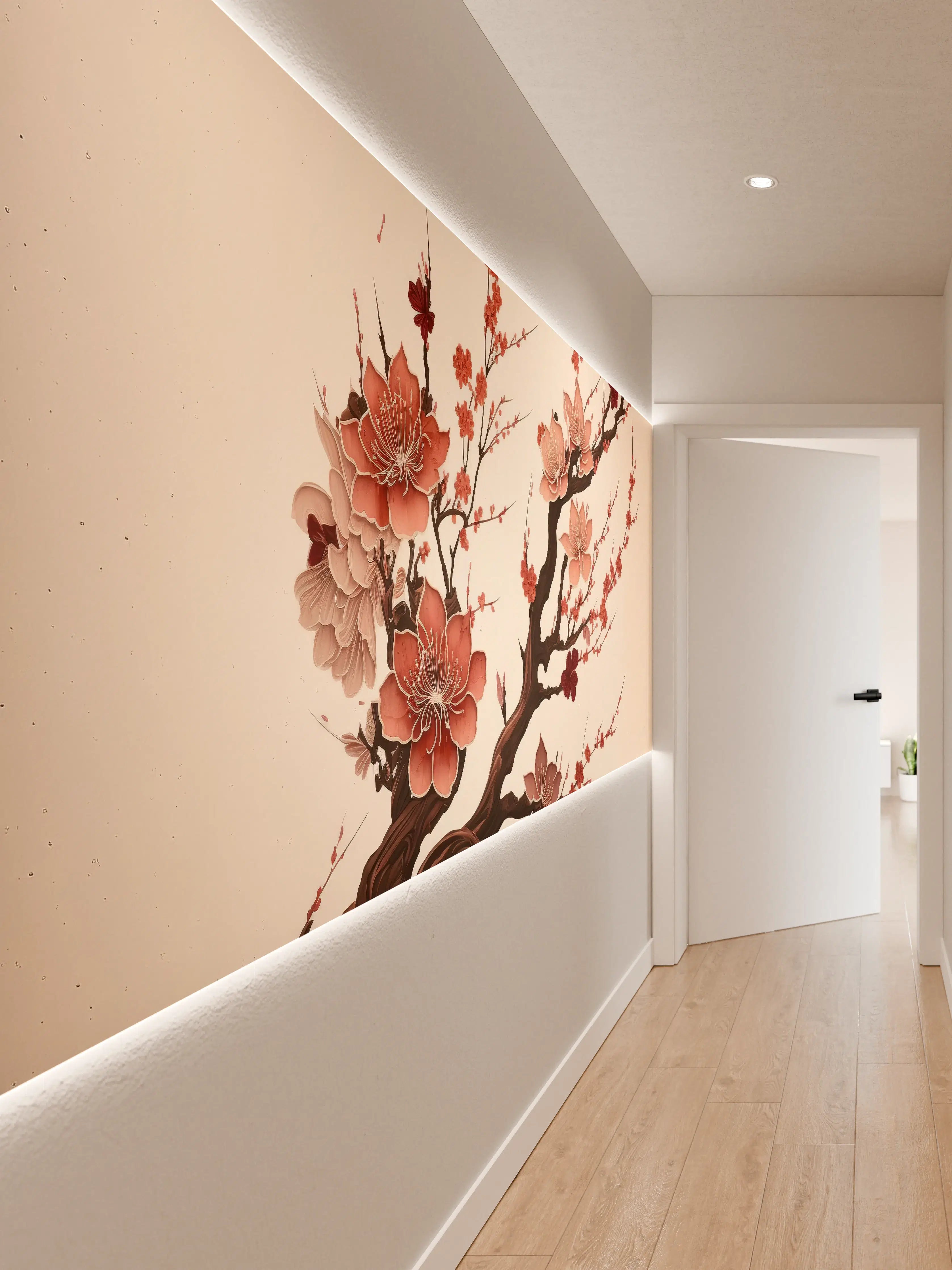Wandverkleidung Flur - Kunstvolles Blumendekor mit Kirschblüten