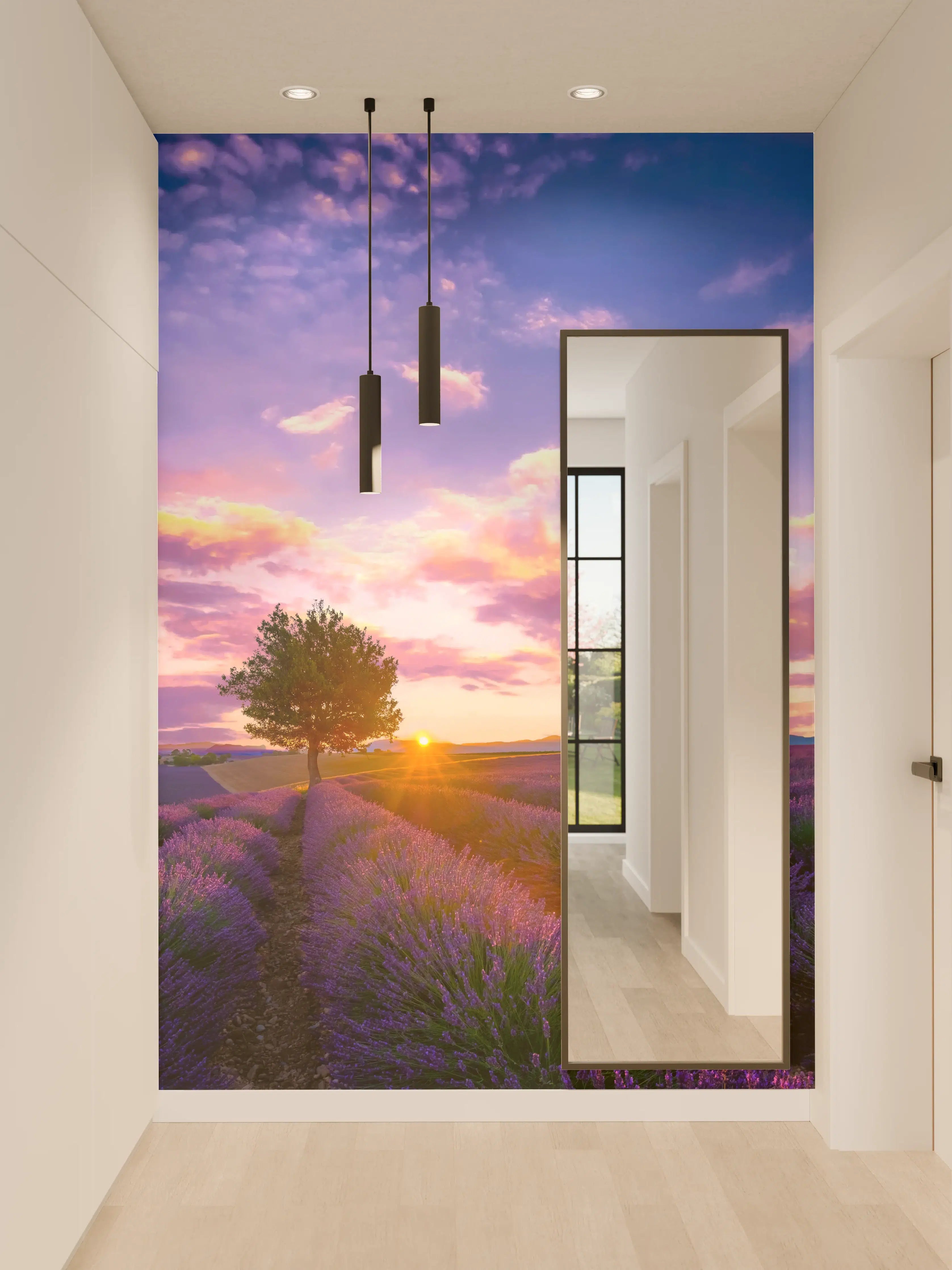 Wandverkleidung Flur - Landschaftlicher Lavendelfeld-Sonnenuntergang