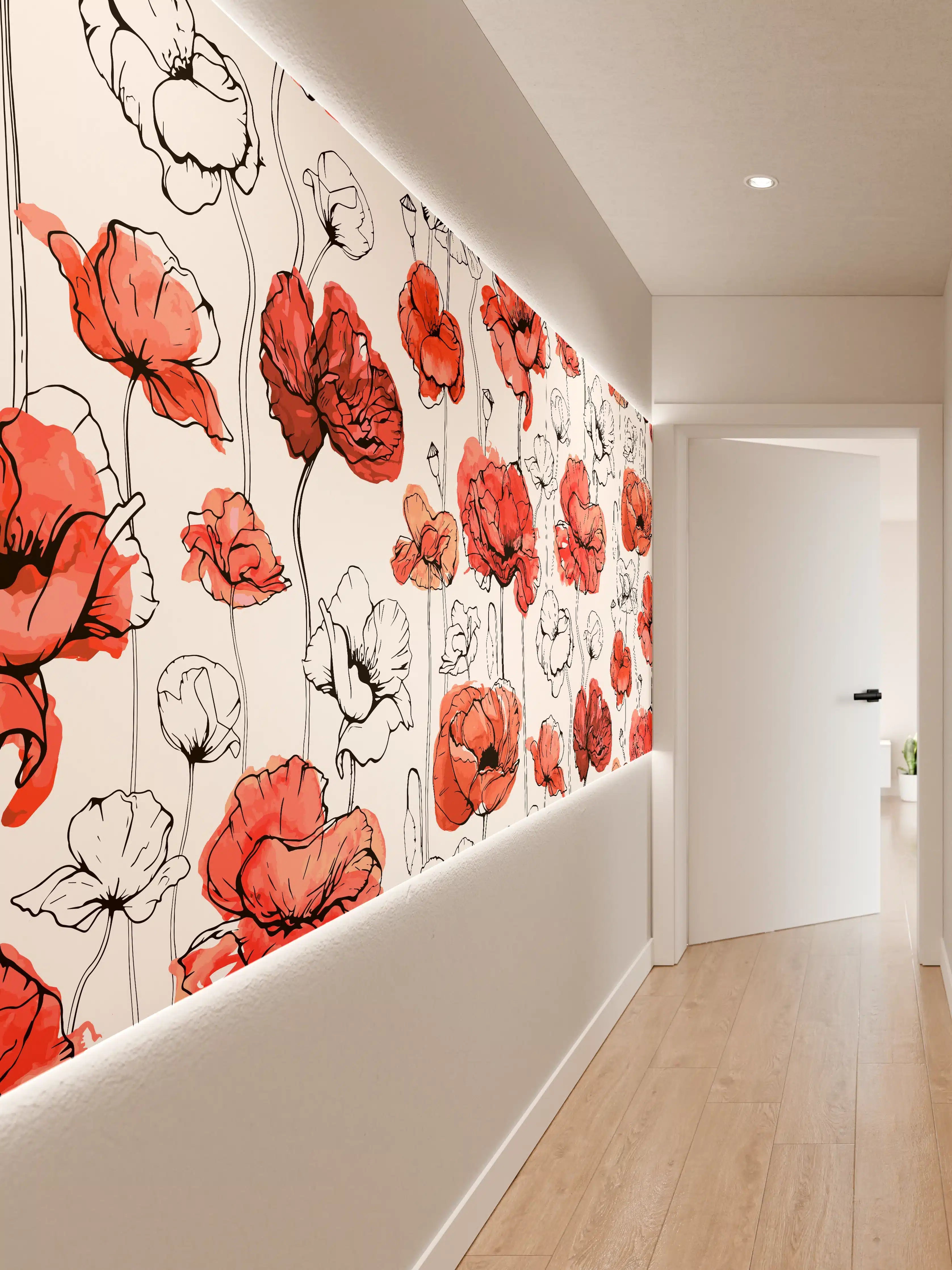 Wandverkleidung Flur - Lebendige Mohnblumen in Rot und Weiß