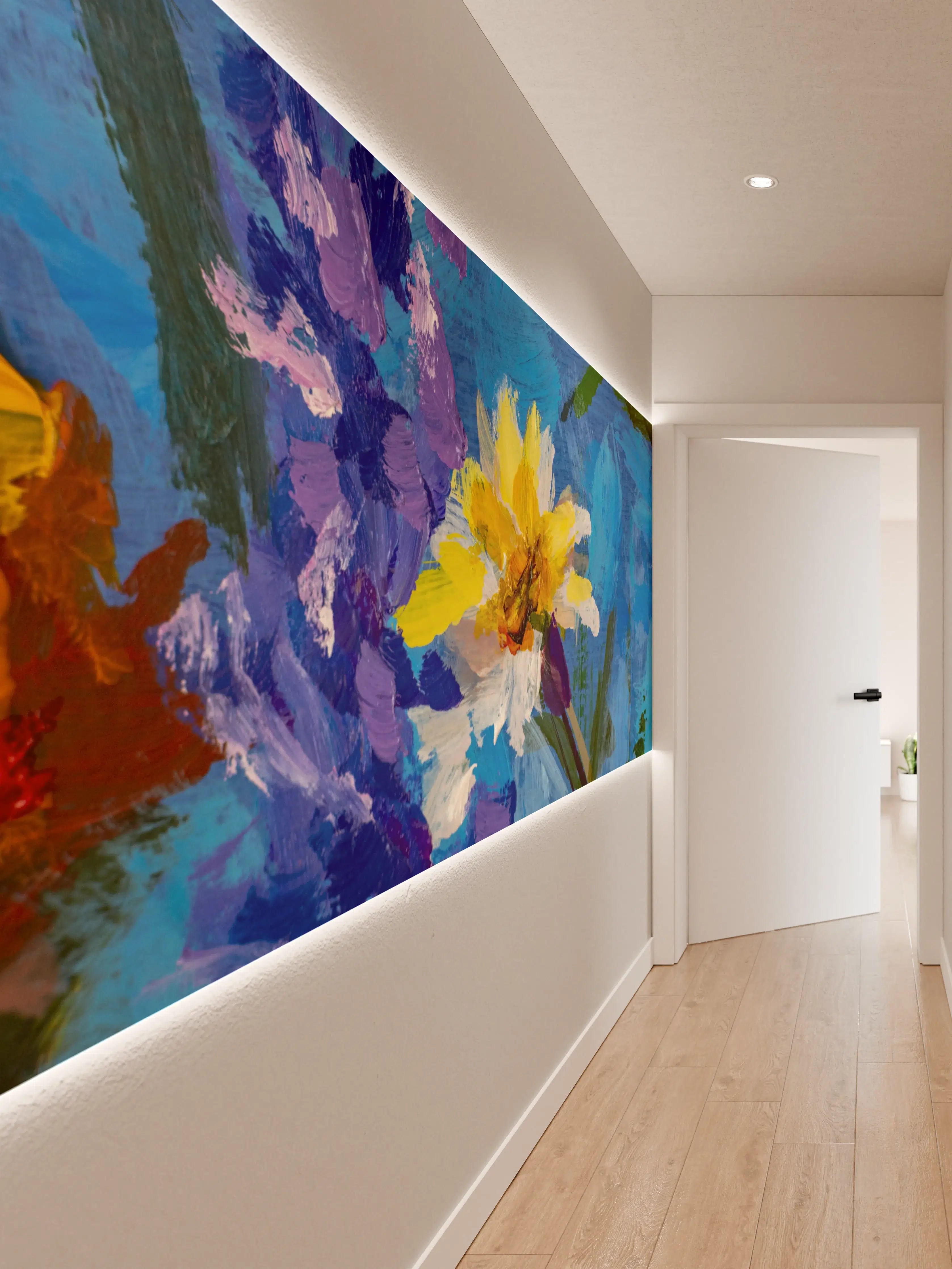 Wandverkleidung Flur - Lebendiger Blumenstrauß in zarten Grautönen