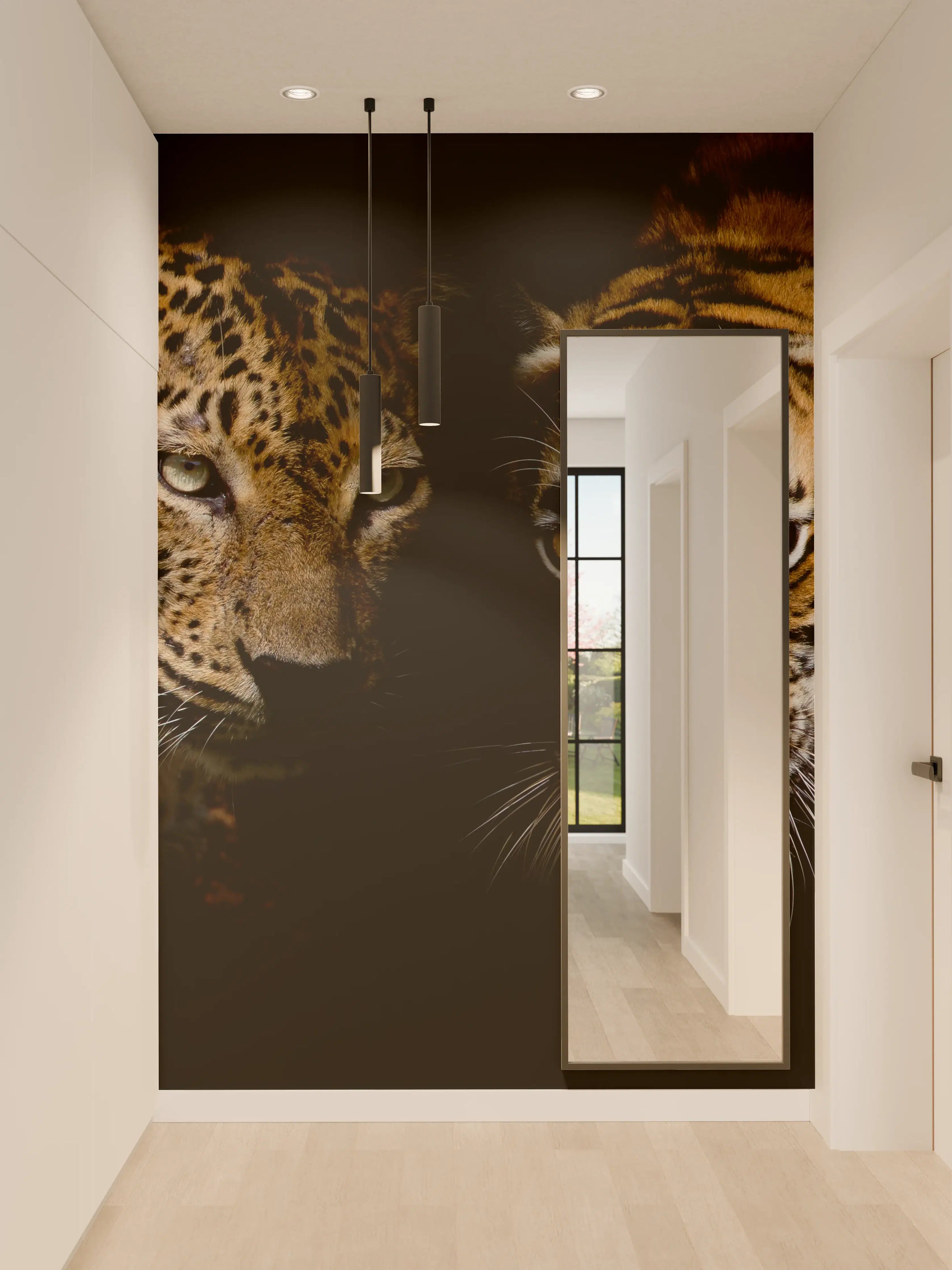 Wandverkleidung Flur - Leopard und Tiger isoliert auf schwarzen Hintergrund