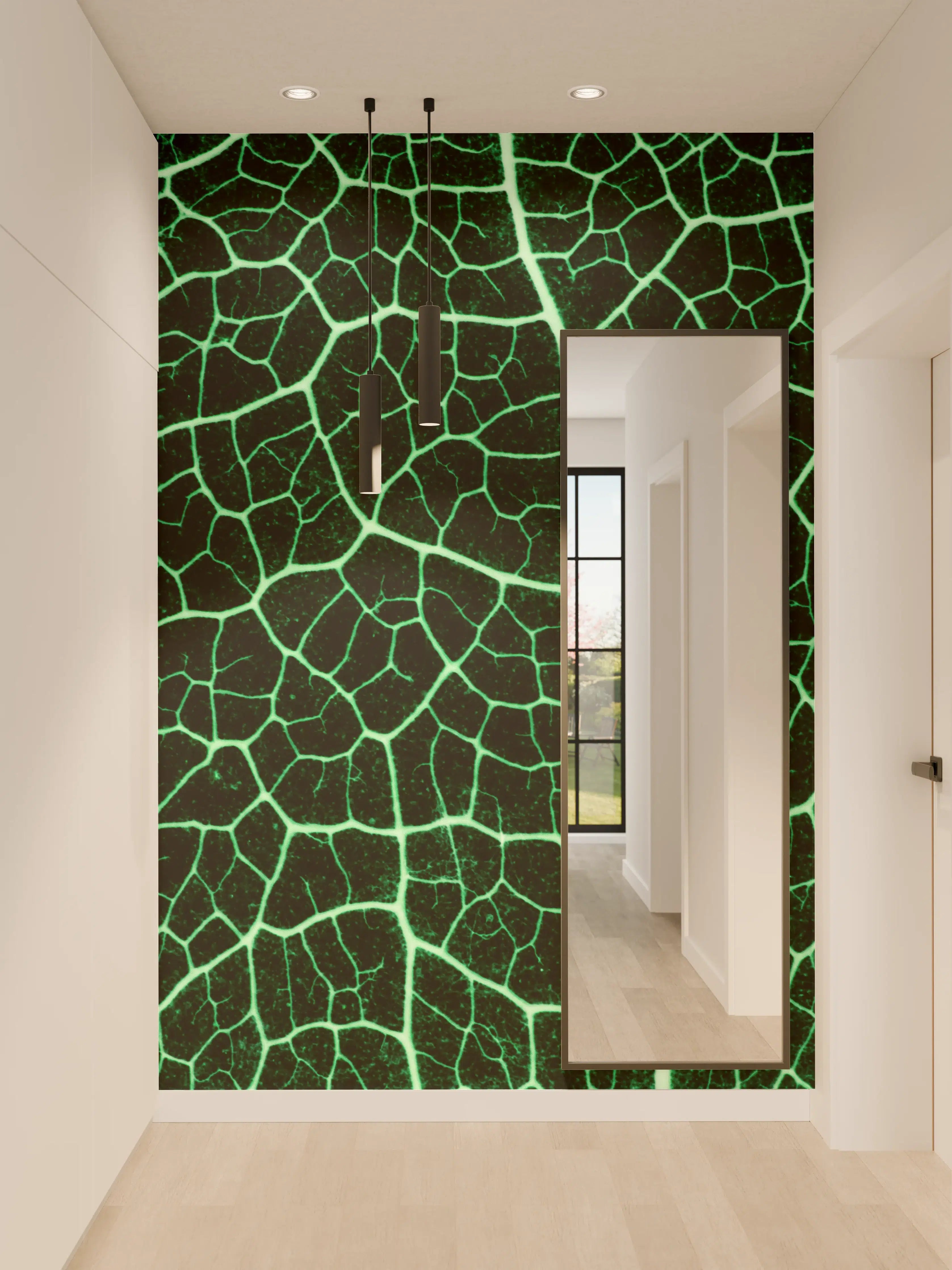 Wandverkleidung Flur - Leuchtendes Blatt mit grünen Netzstrukturen