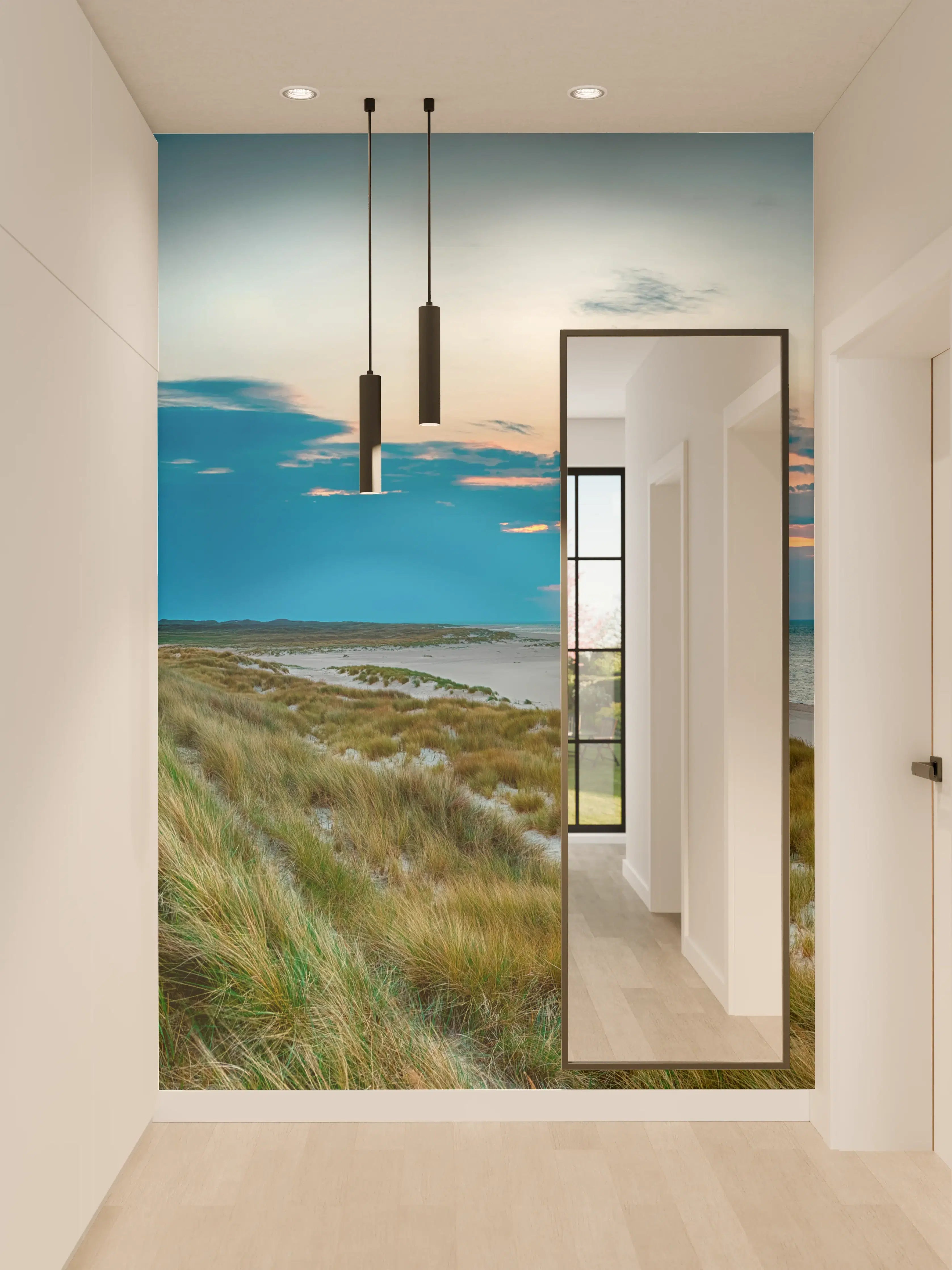 Wandverkleidung Flur - Leuchtturm am Strand bei Sonnenuntergang