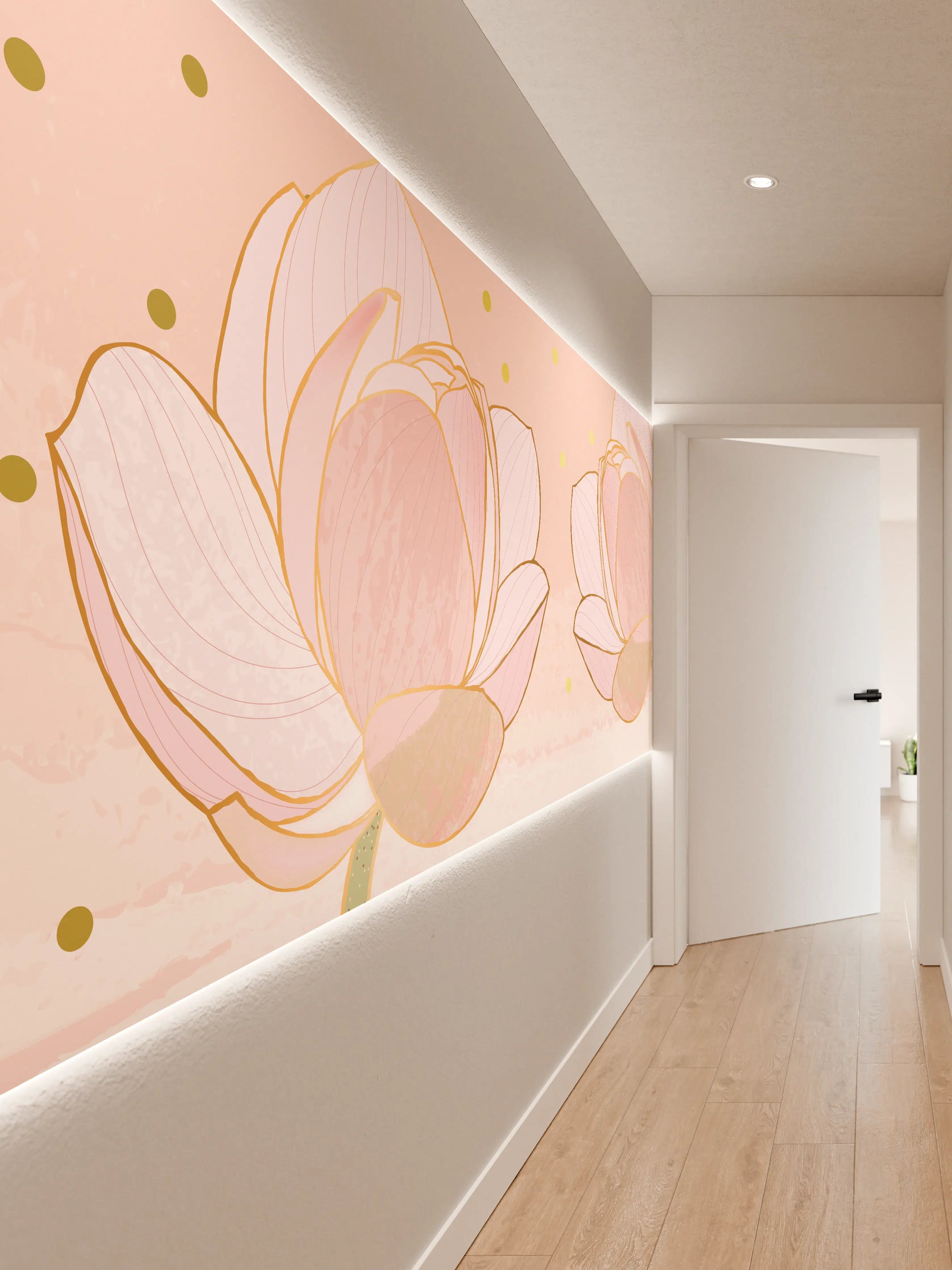Wandverkleidung Flur - Lotusblüte Rosa Gold Akzente
