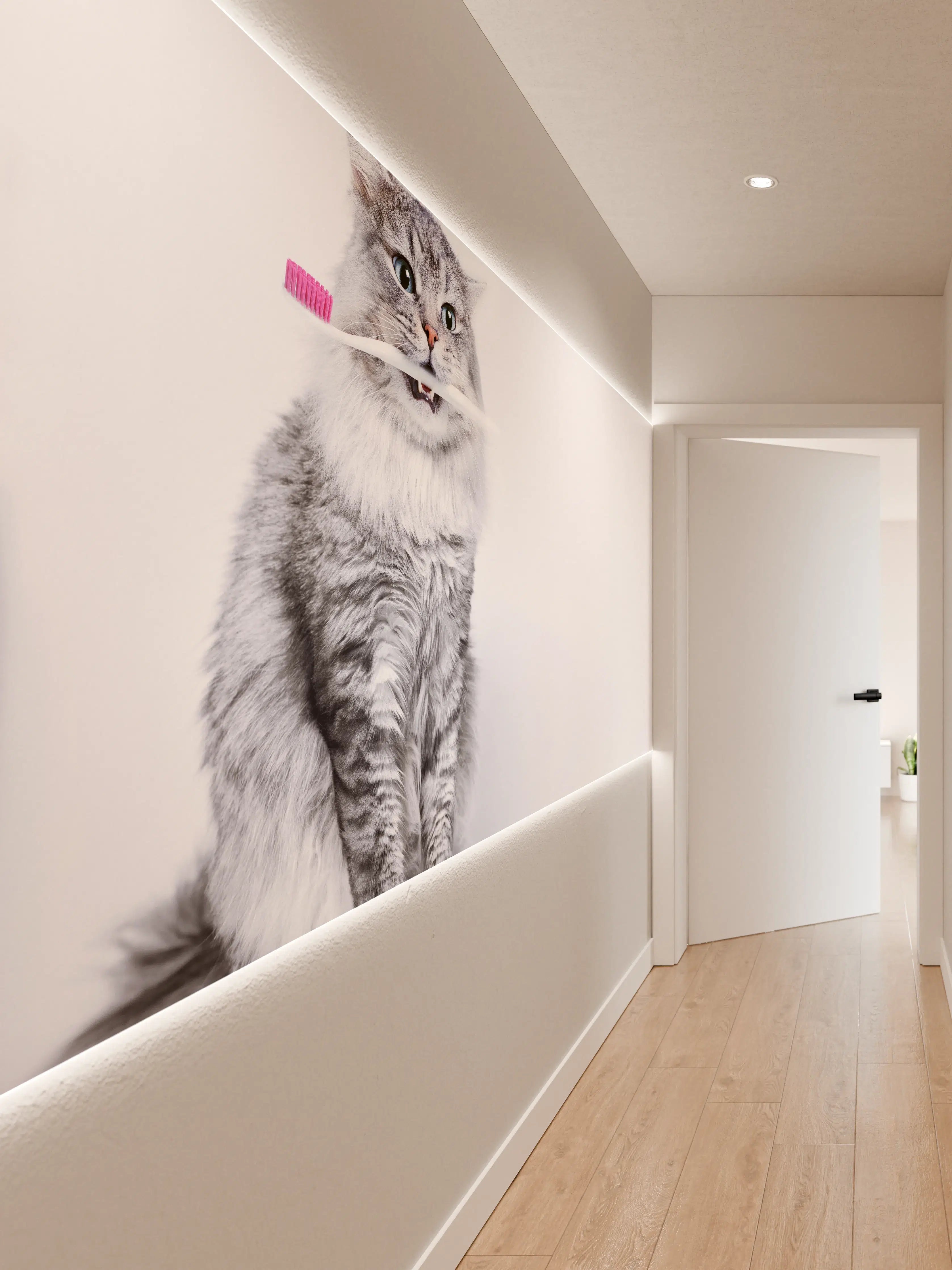 Wandverkleidung Flur - Lustige Katze mit Zahnbürste