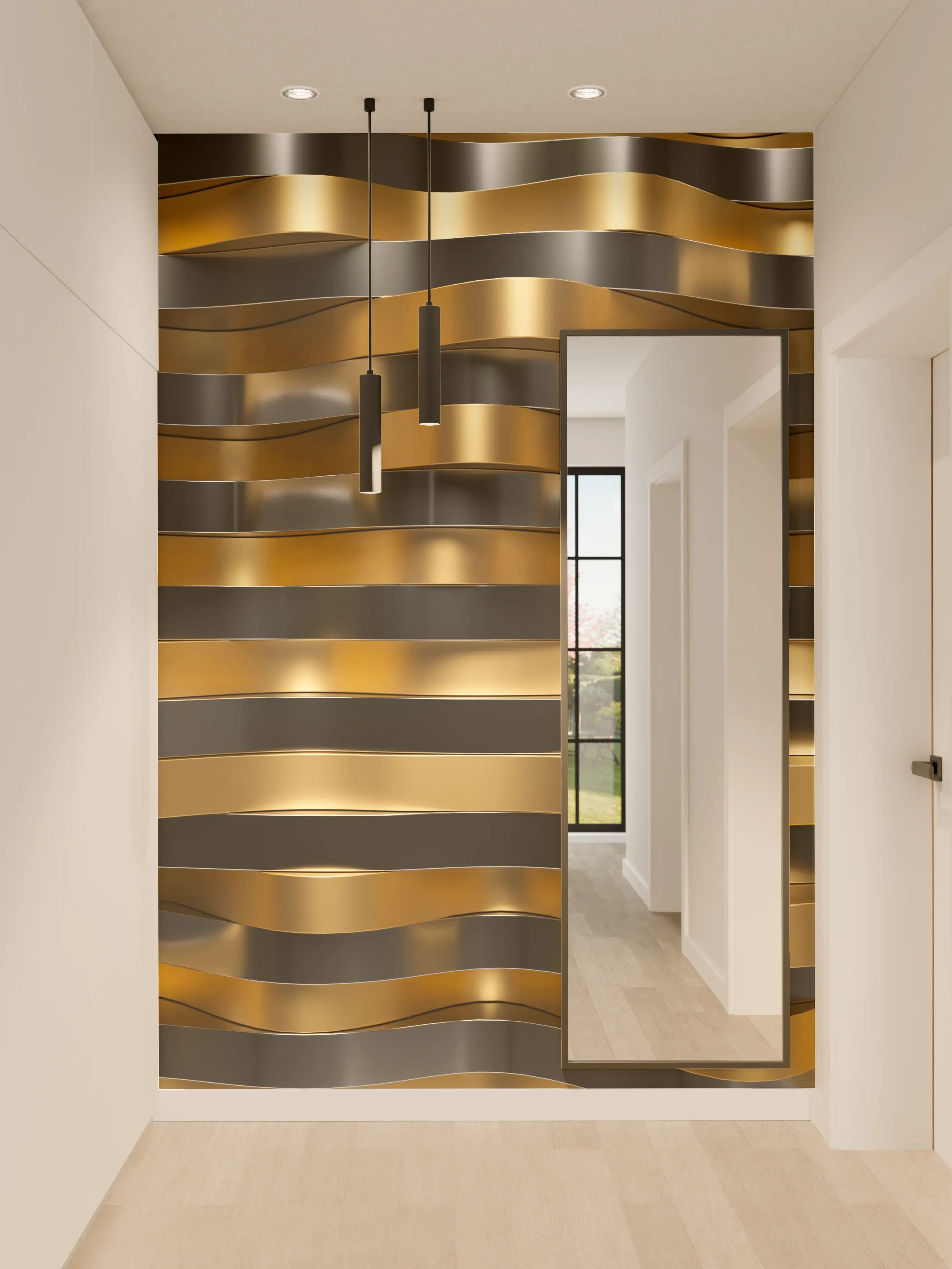 Wandverkleidung Flur - Luxuriöse gold-schwarze Metall-Oberfläche mit Wellenmuster