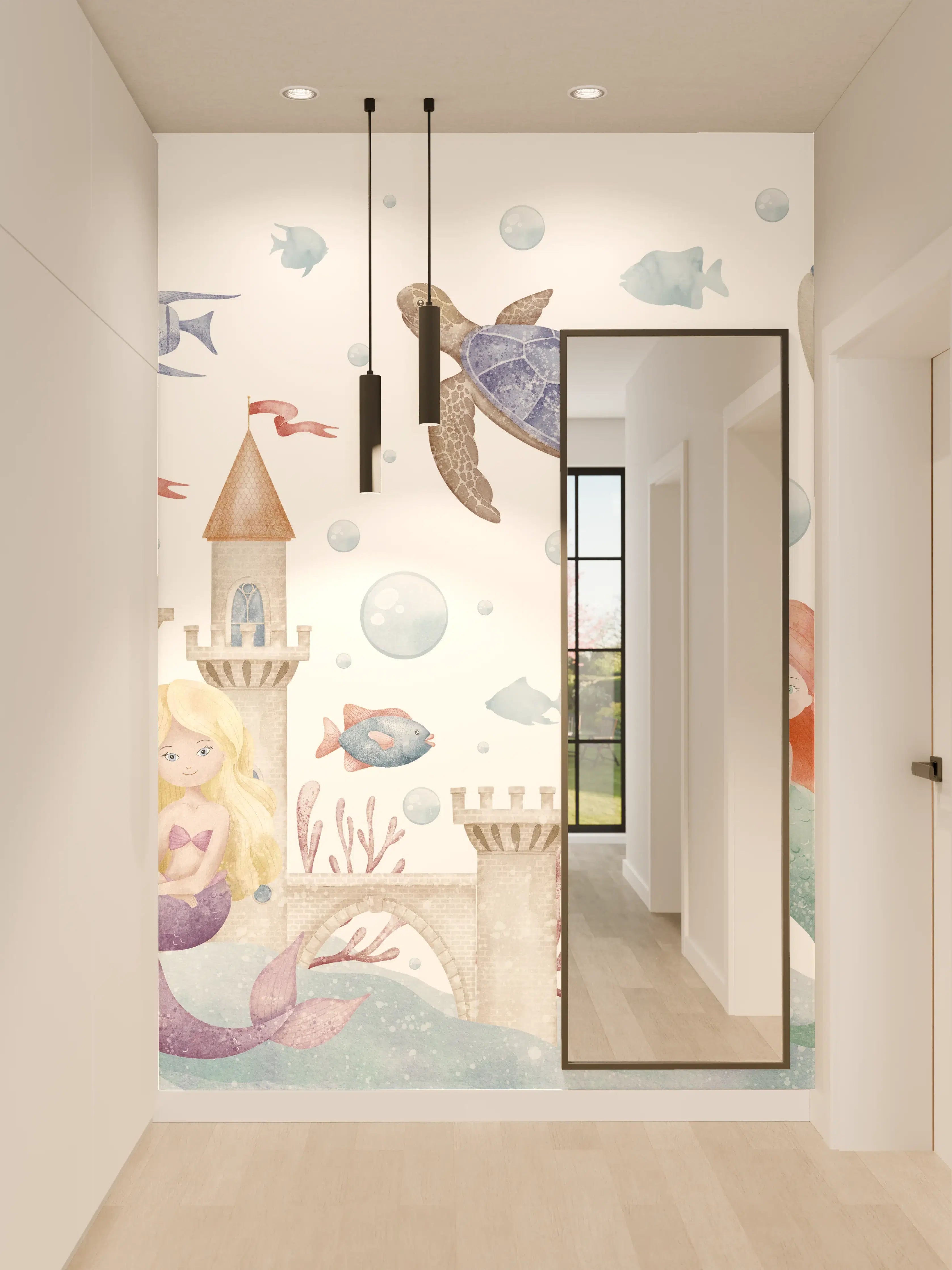 Wandverkleidung Flur - Märchenhafte Unterwasserwelt mit Meerjungfrau und Meerestieren