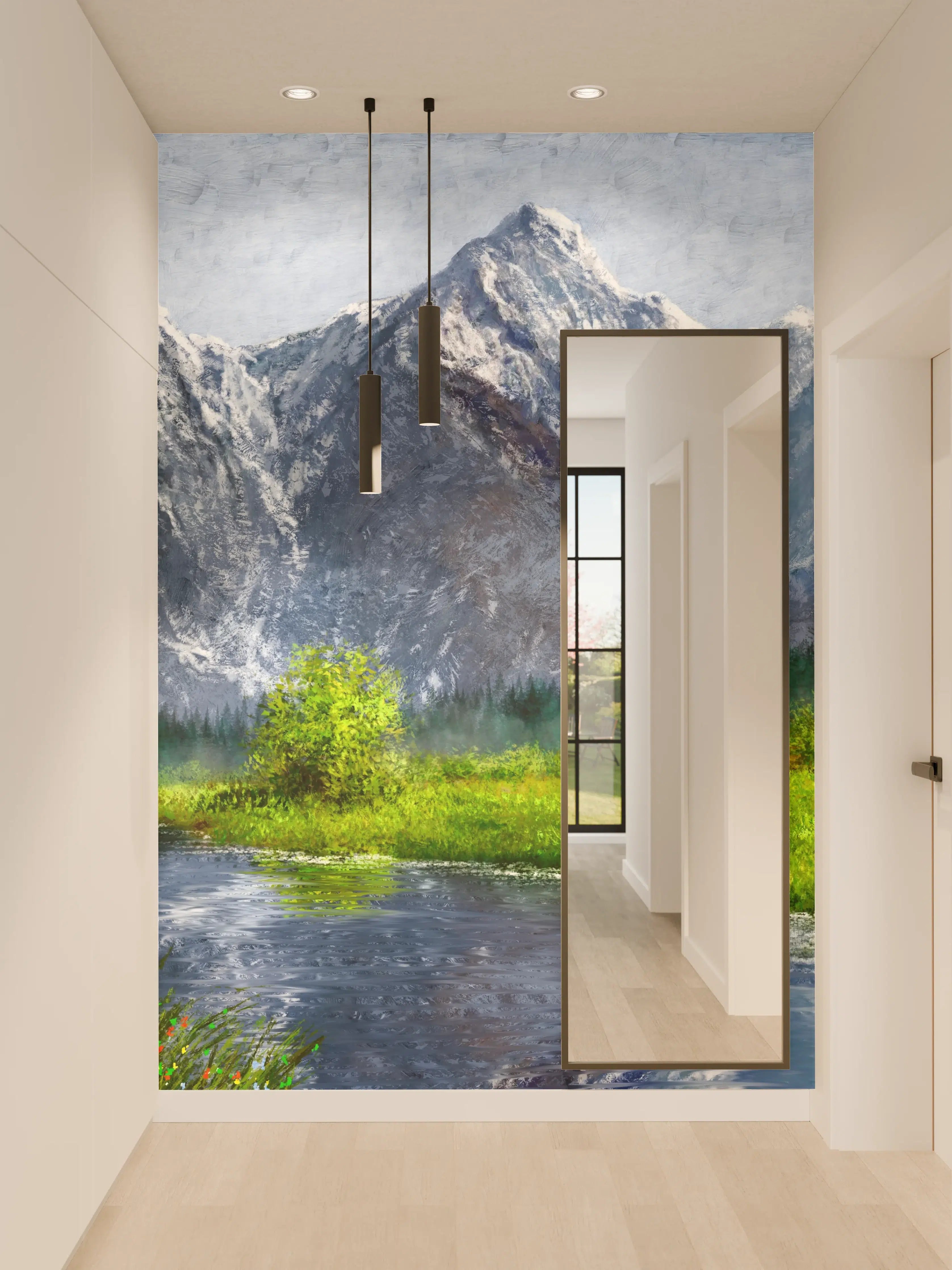 Wandverkleidung Flur - Majestätische Bergkulisse mit Fluss