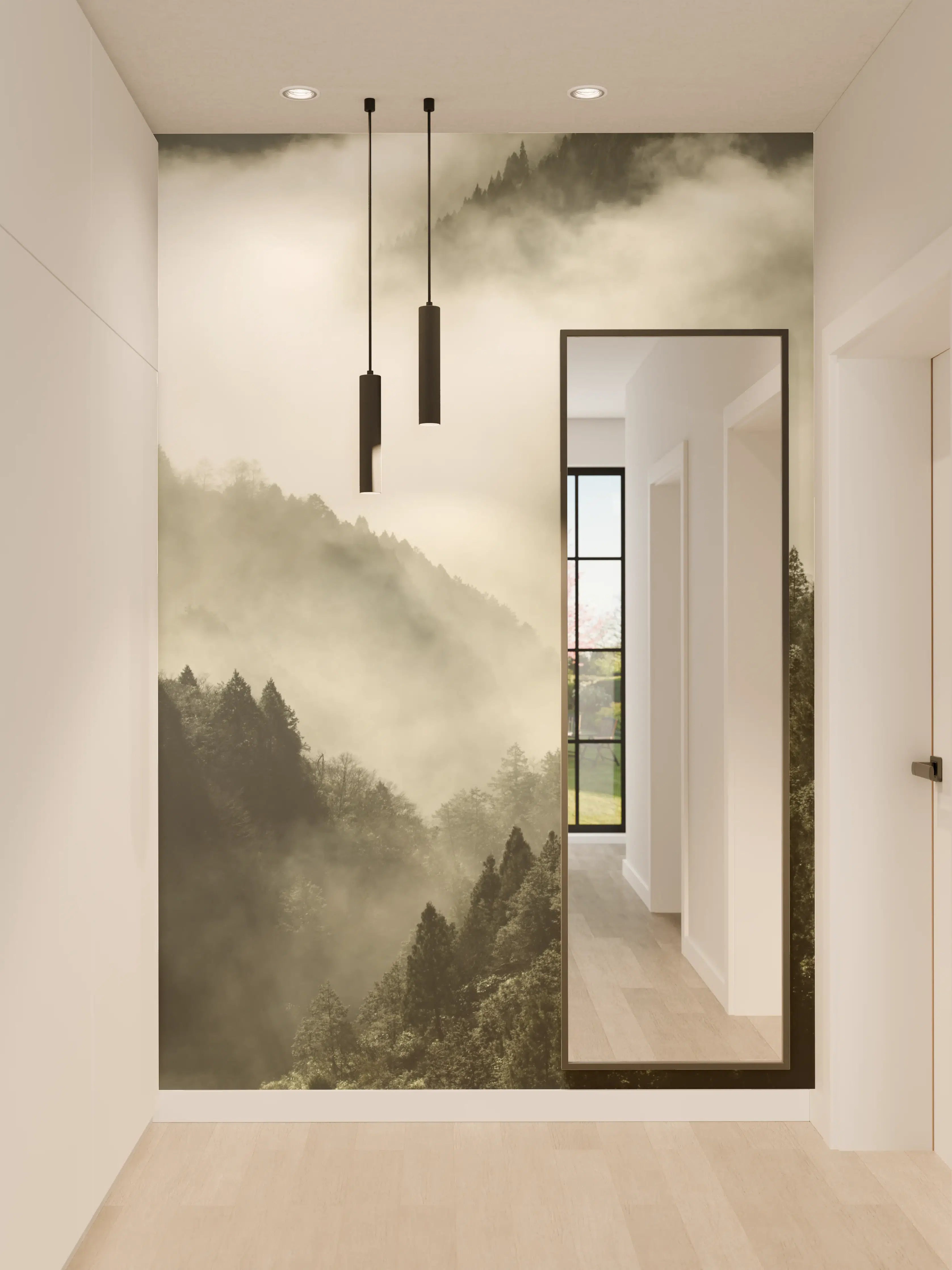 Wandverkleidung Flur - Majestätische Berglandschaft mit Nebel