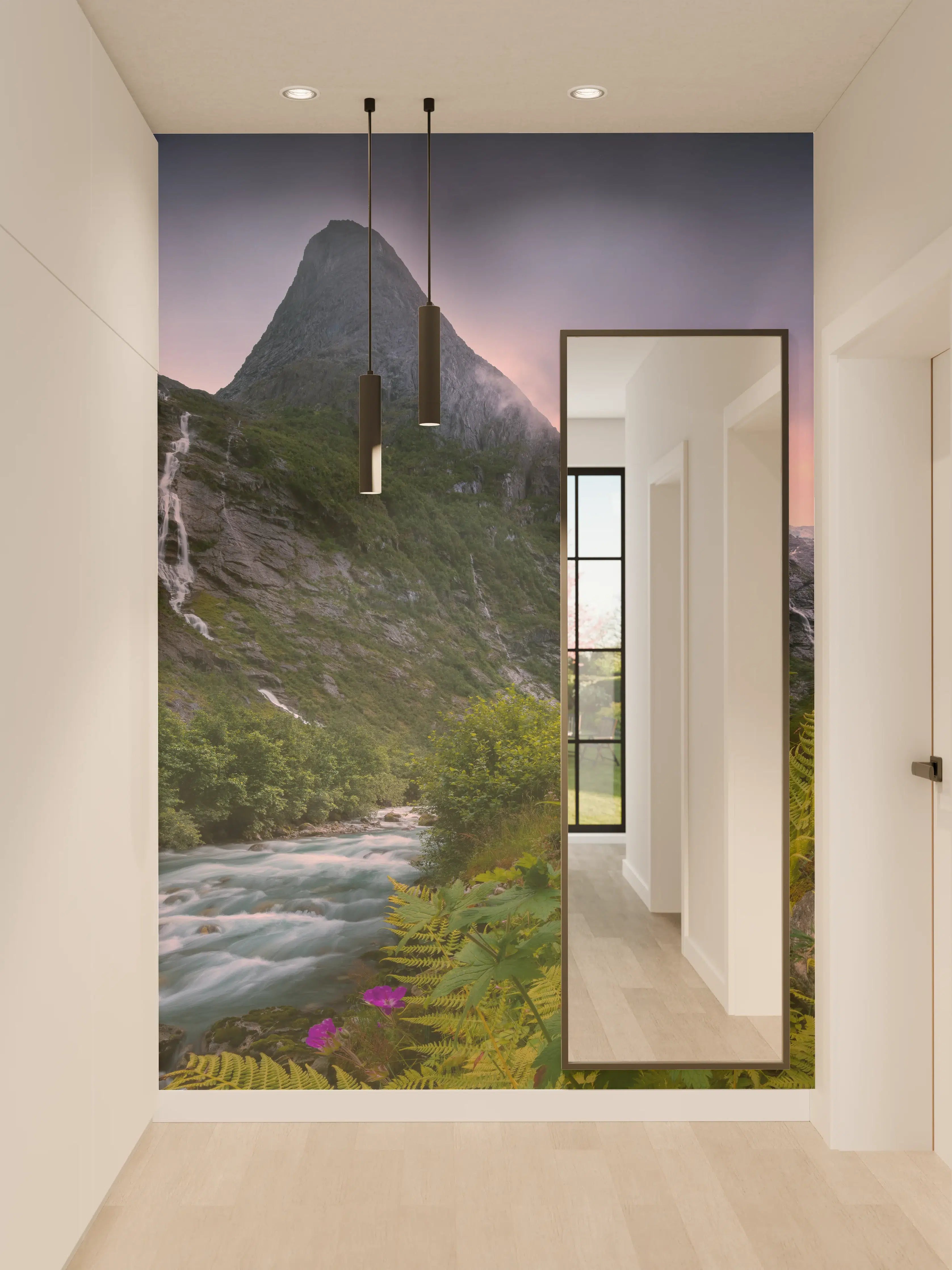 Wandverkleidung Flur - Majestätische Berglandschaft mit Wasserfällen