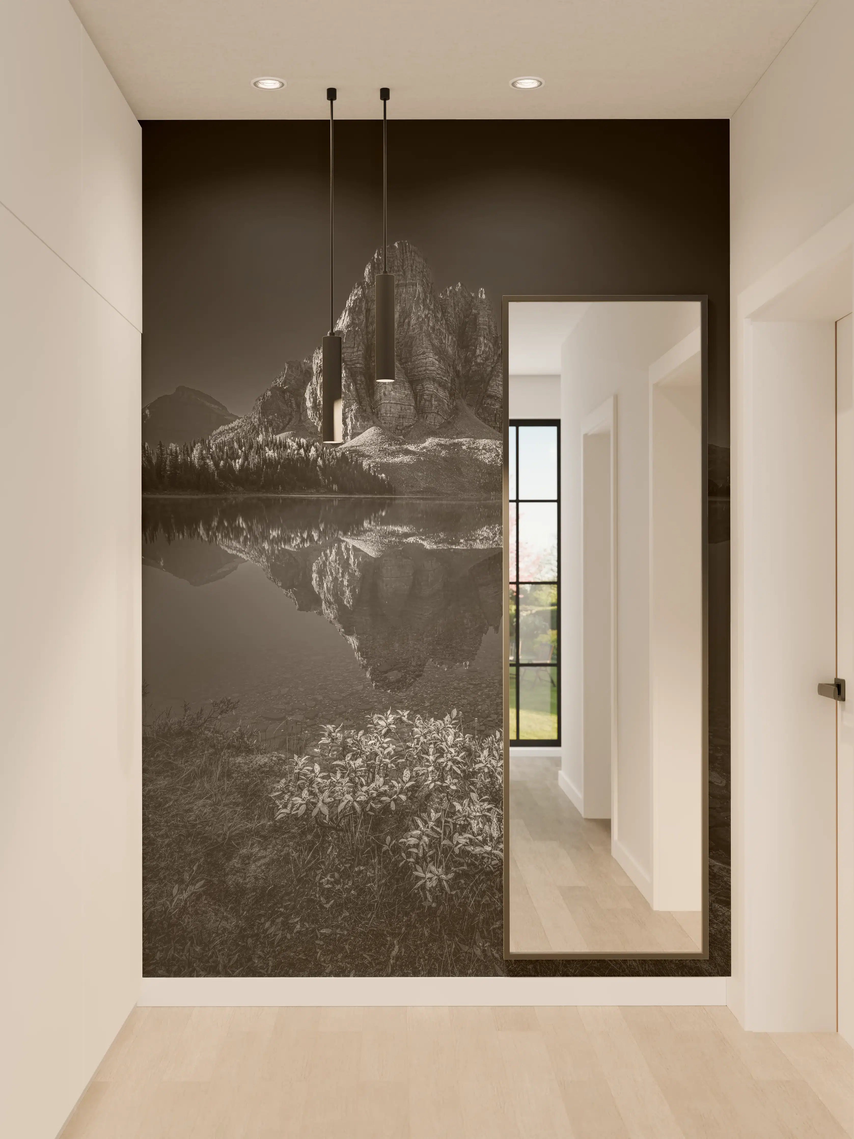 Wandverkleidung Flur - Majestätischer Berg in Schwarz-Weiß