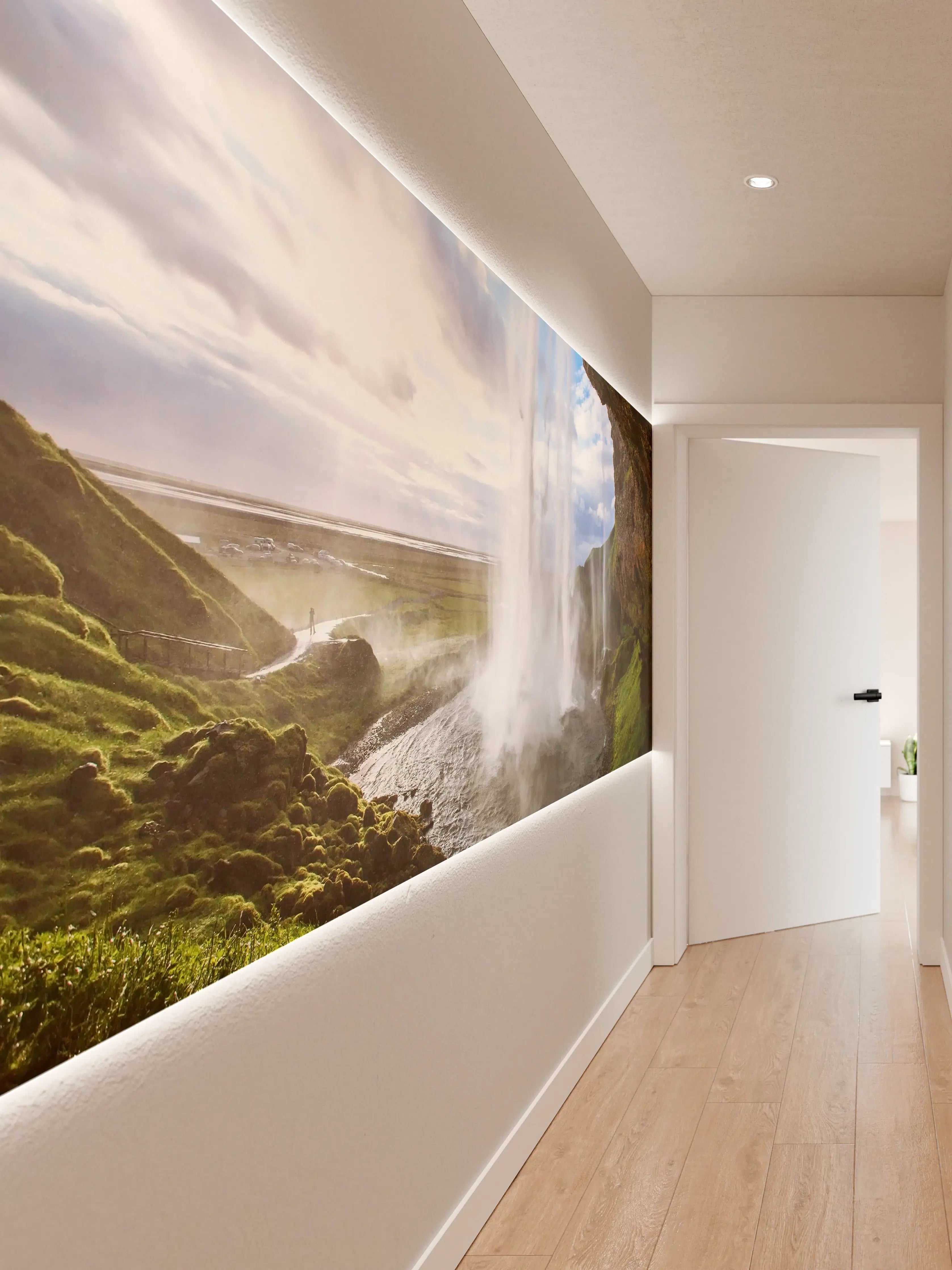 Wandverkleidung Flur - Majestätischer Wasserfall in grauer Natur