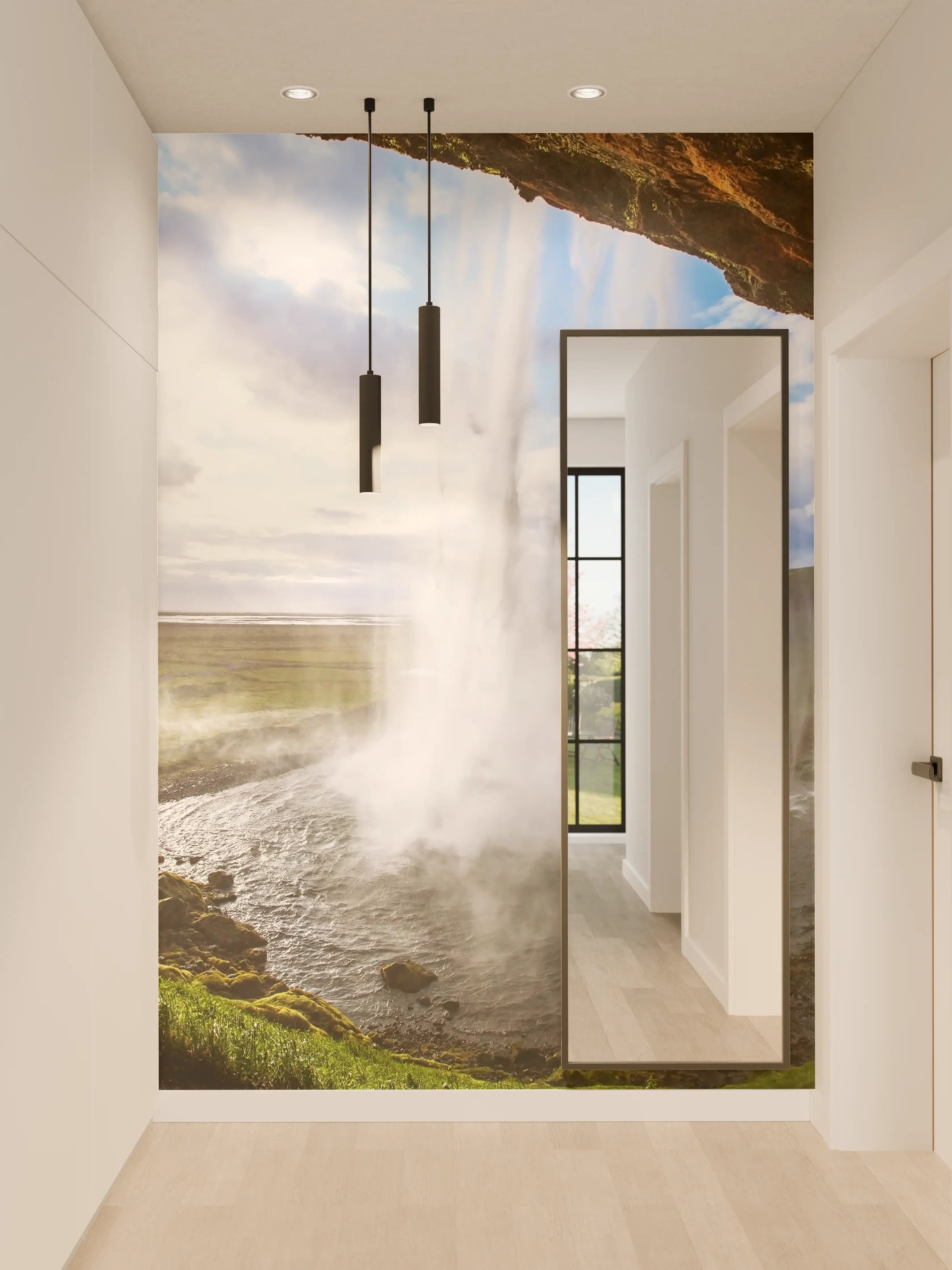 Wandverkleidung Flur - Majestätischer Wasserfall in grauer Natur