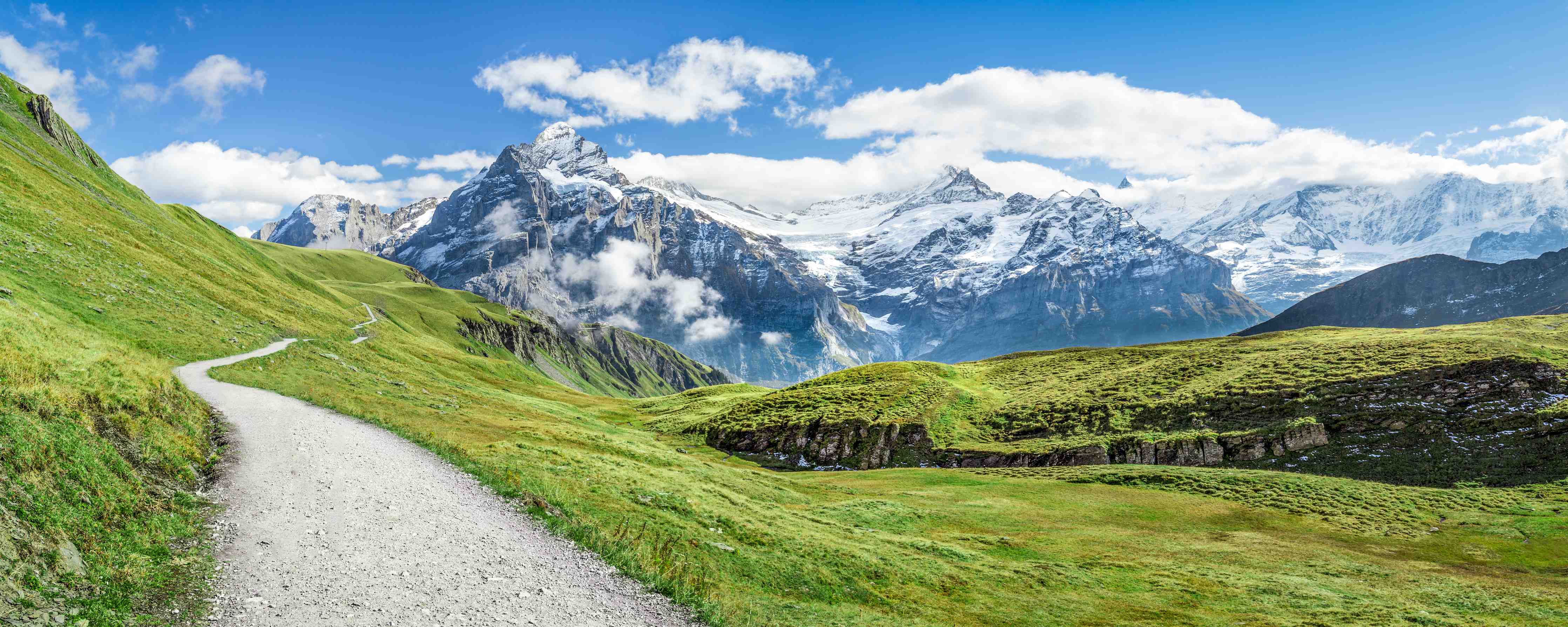 Wandverkleidung Flur-Malerische Berglandschaft mit Weg im Grünen