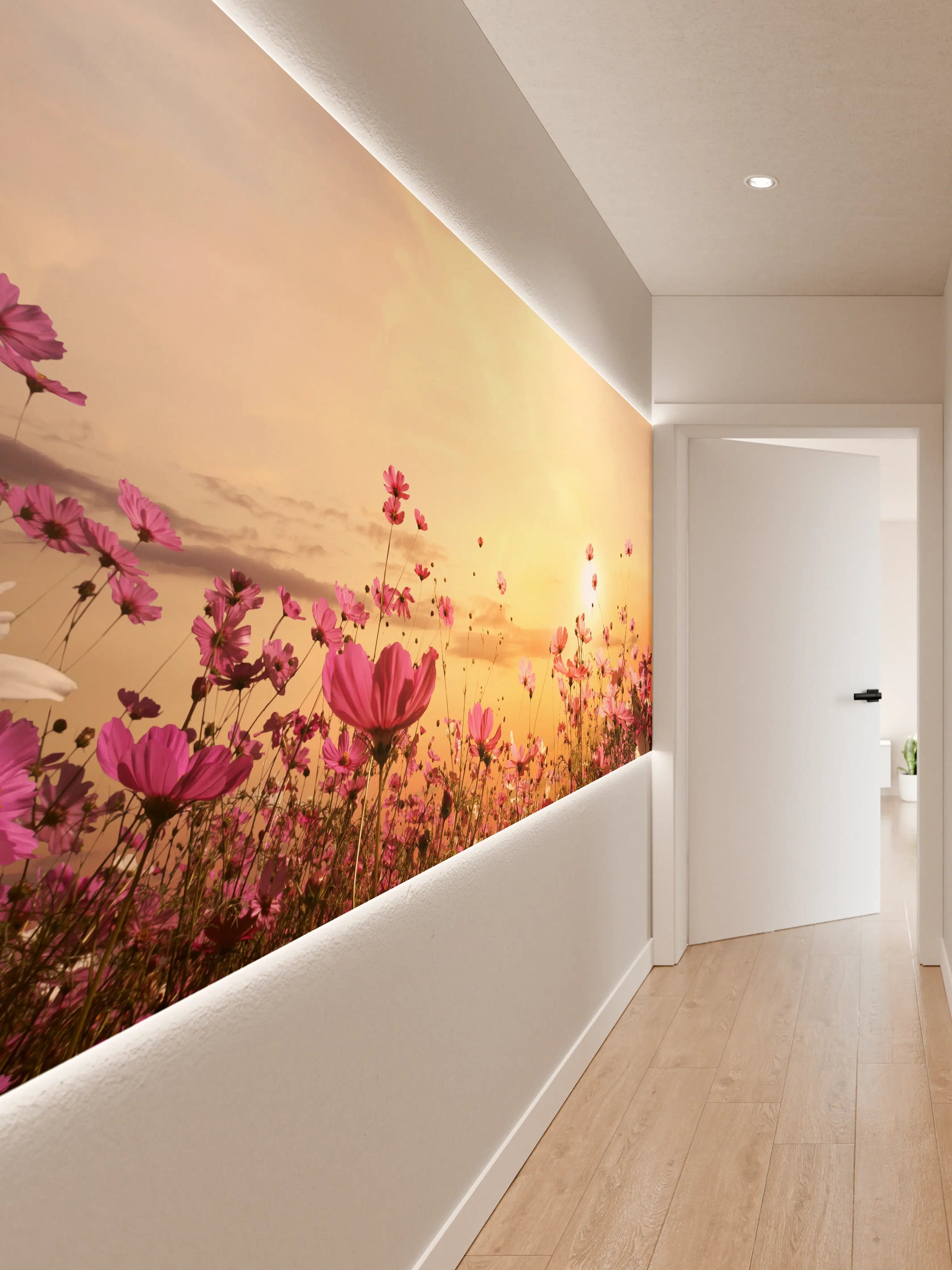 Wandverkleidung Flur - Malerischer Sonnenuntergang über einer Blumenwiese