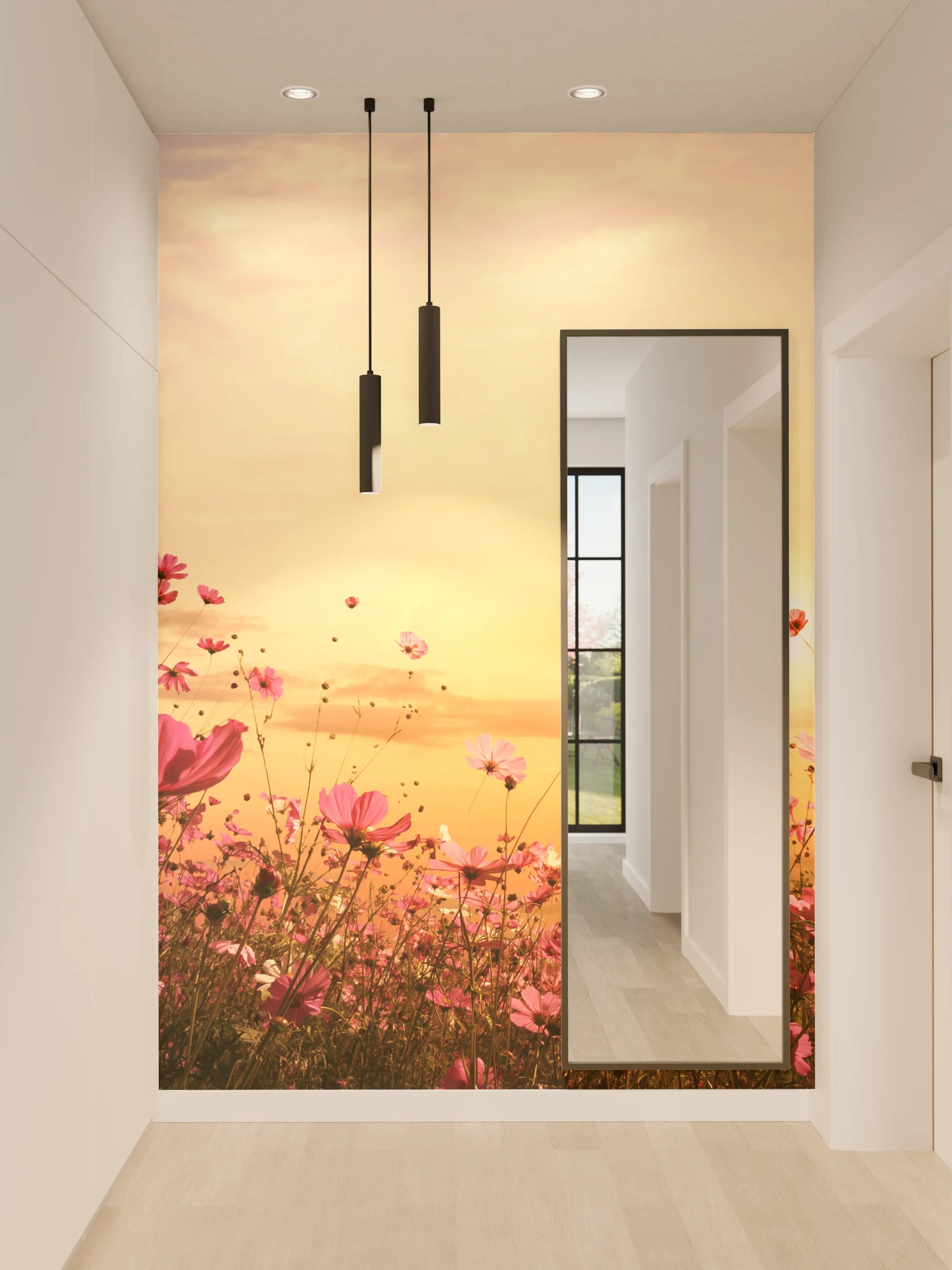 Wandverkleidung Flur - Malerischer Sonnenuntergang über einer Blumenwiese