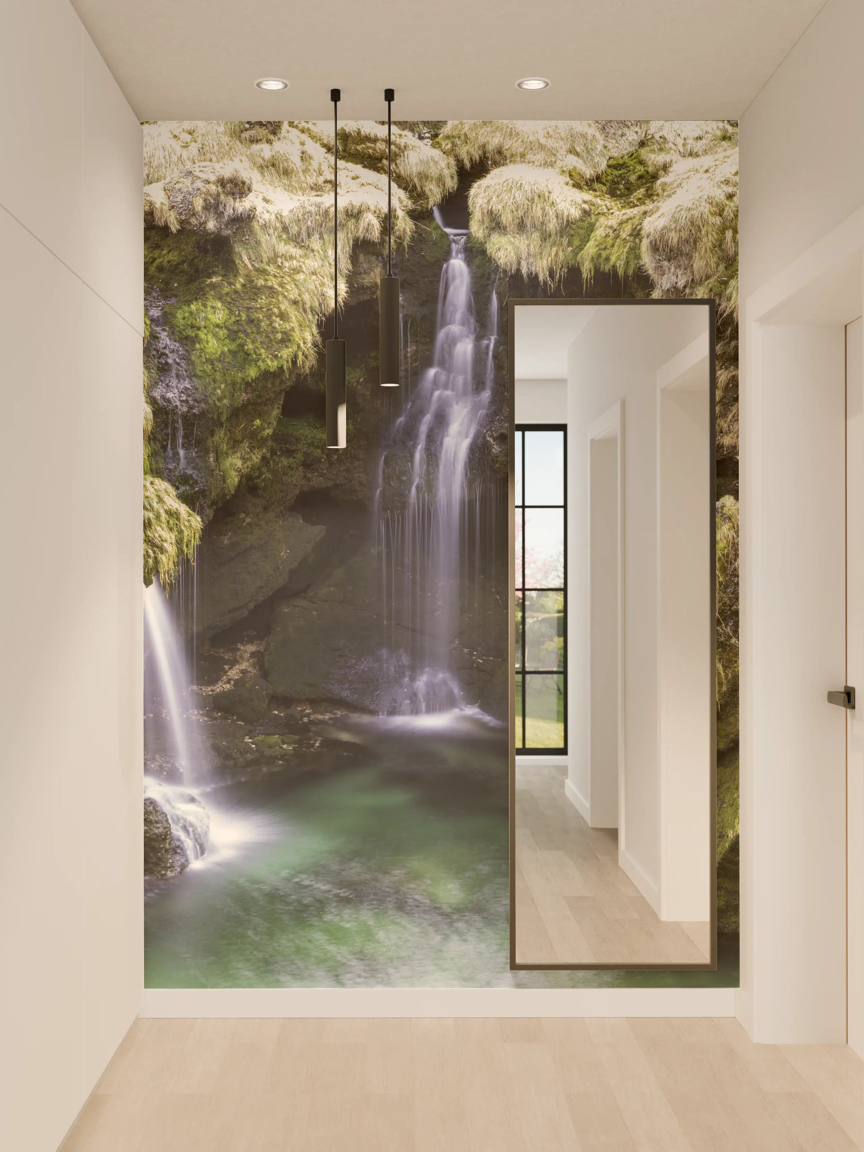 Wandverkleidung Flur - Malerischer Wasserfall in einer grünen Felsenwelt