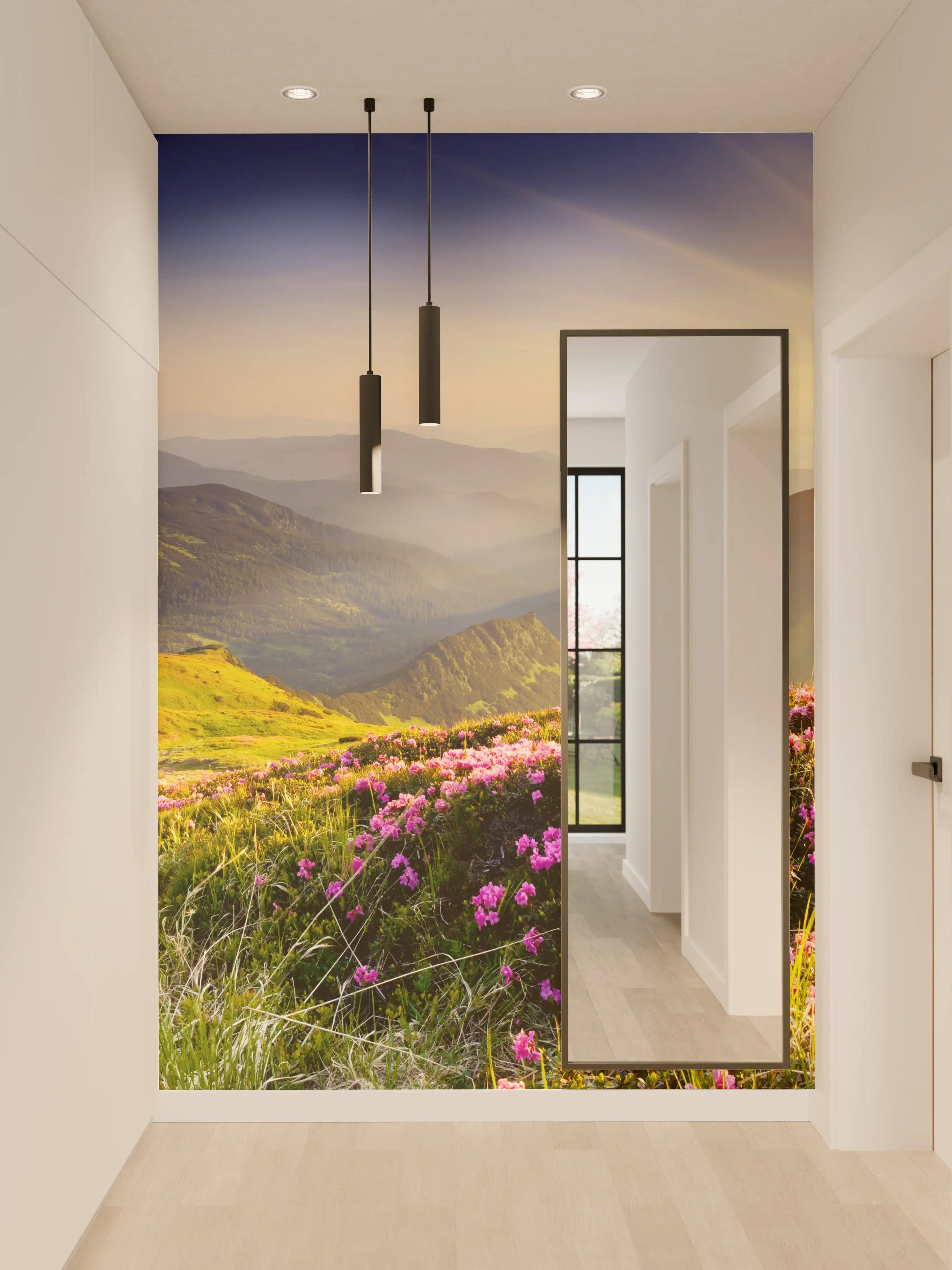 Wandverkleidung Flur - Malersiche Berg- und Blumenlandschaft bei Sonnenaufgang