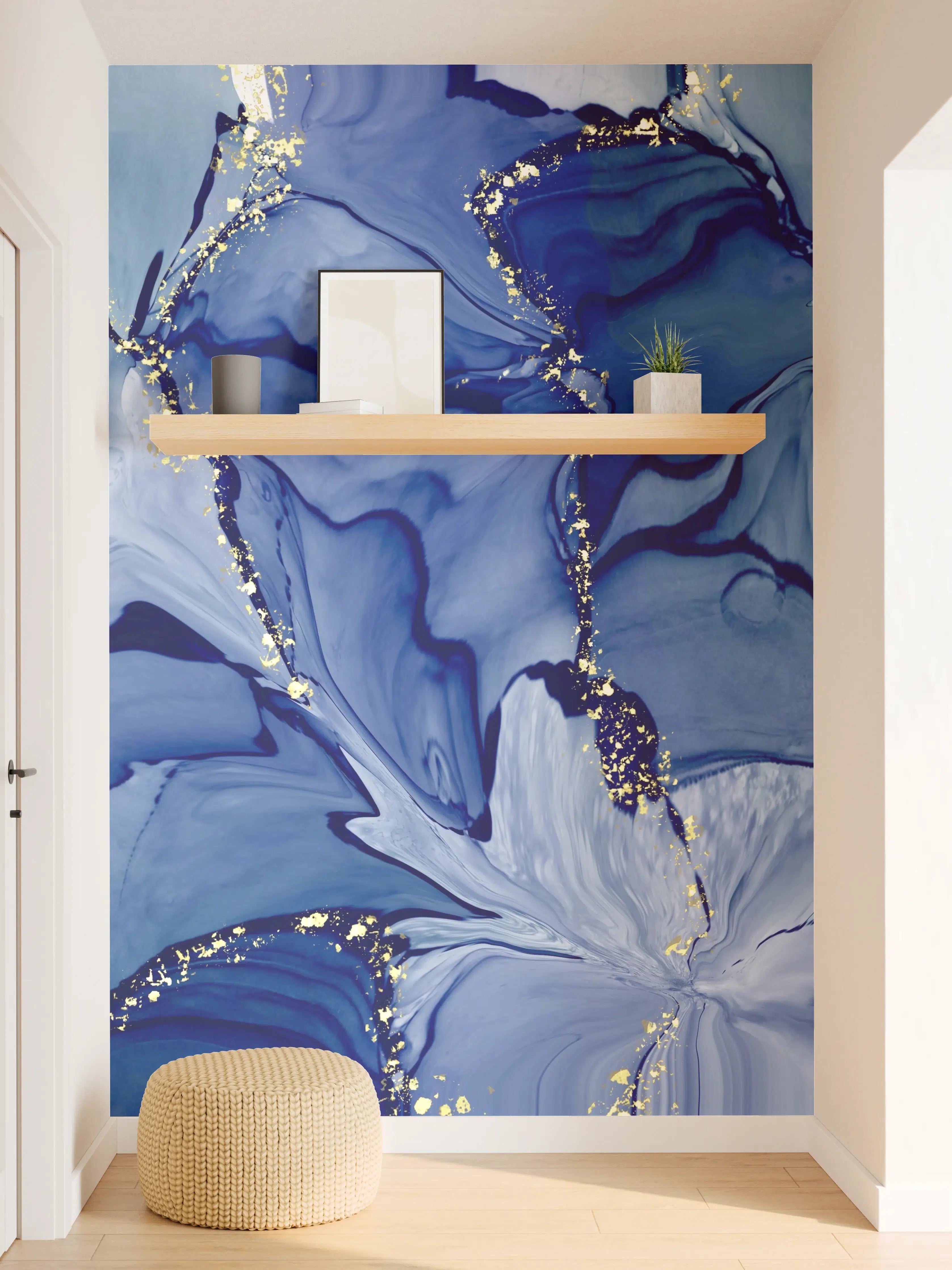 Wandverkleidung Flur - Maritime Blüten in Blau mit Goldakzenten